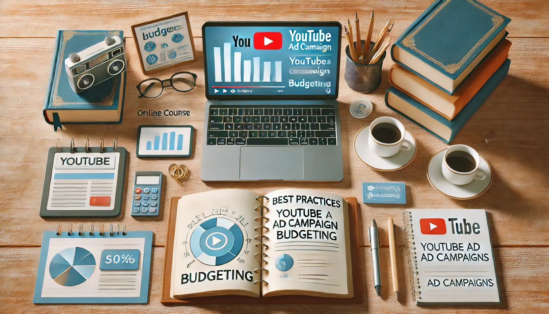 A workspace with a laptop showing an online course or digital resource, a stack of educational books, a notepad with notes, a cup of coffee, and a pen, symbolizing the use of educational resources for budgeting.