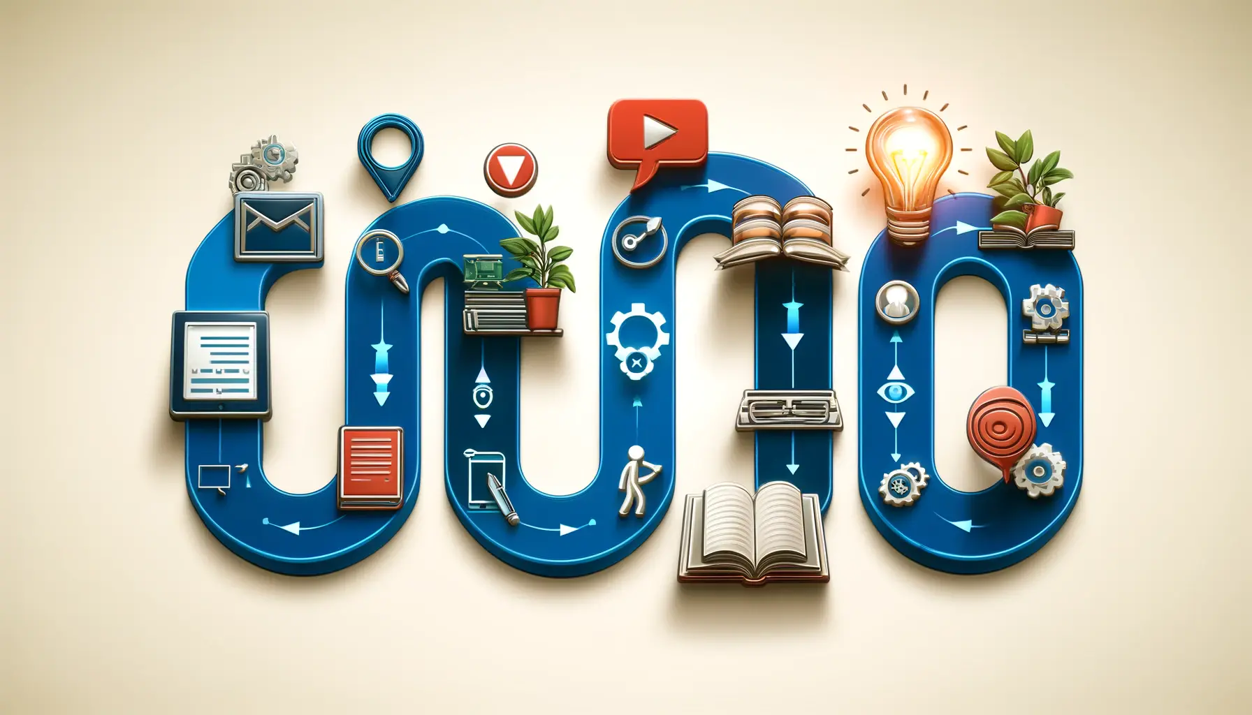 A digital flow representing educational sequences in YouTube ads, with icons like books and light bulbs symbolizing learning and progress.