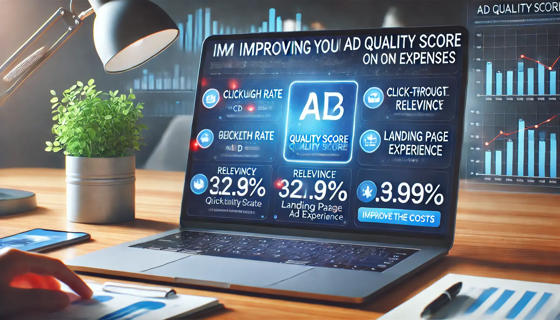 A digital marketing workspace with a laptop showing an ad campaign dashboard and a graph demonstrating how improving Quality Score lowers ad costs.