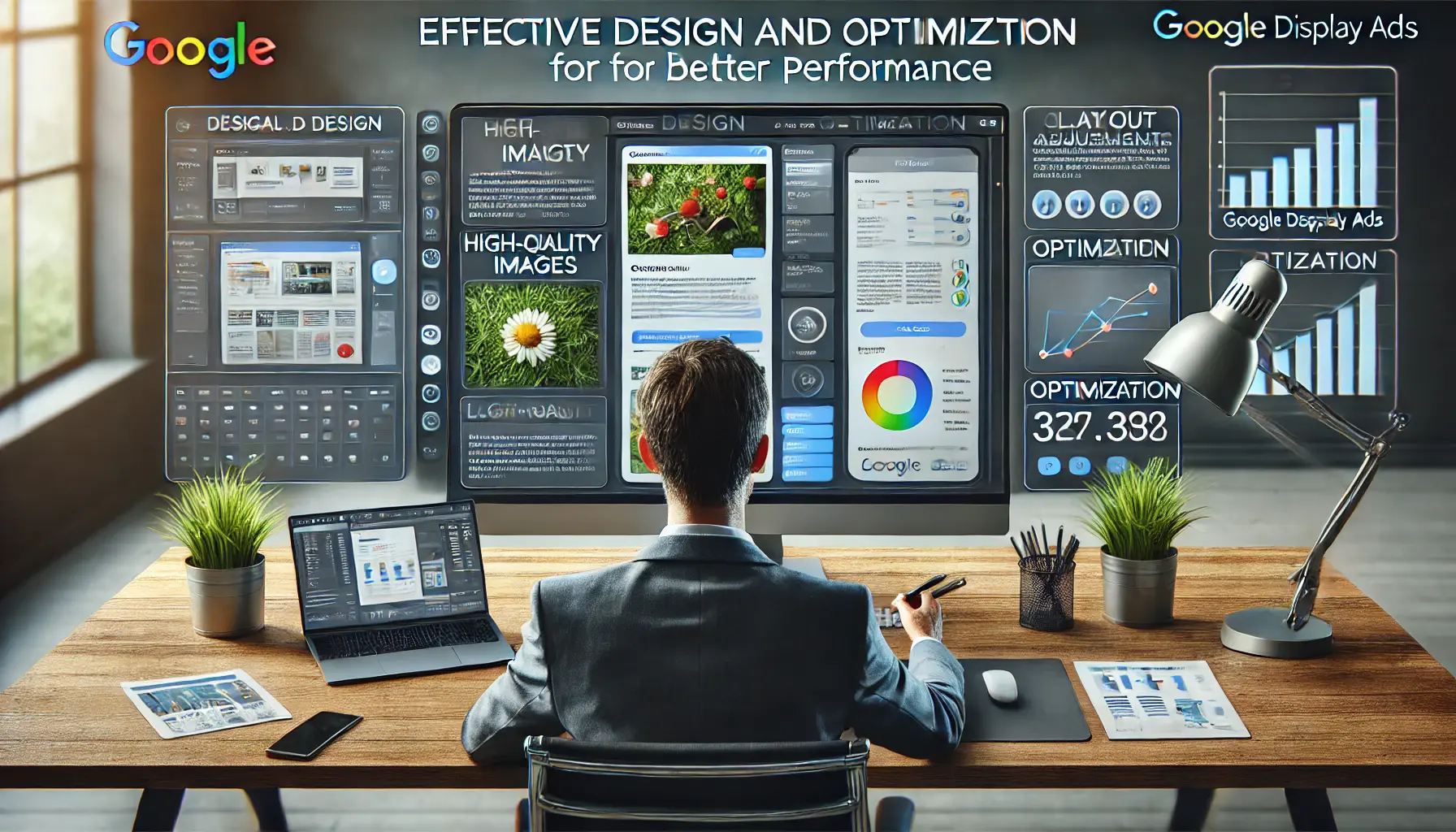 An image of a professional optimizing and designing a Google Display Ad, analyzing layout adjustments and optimization settings on a computer screen.