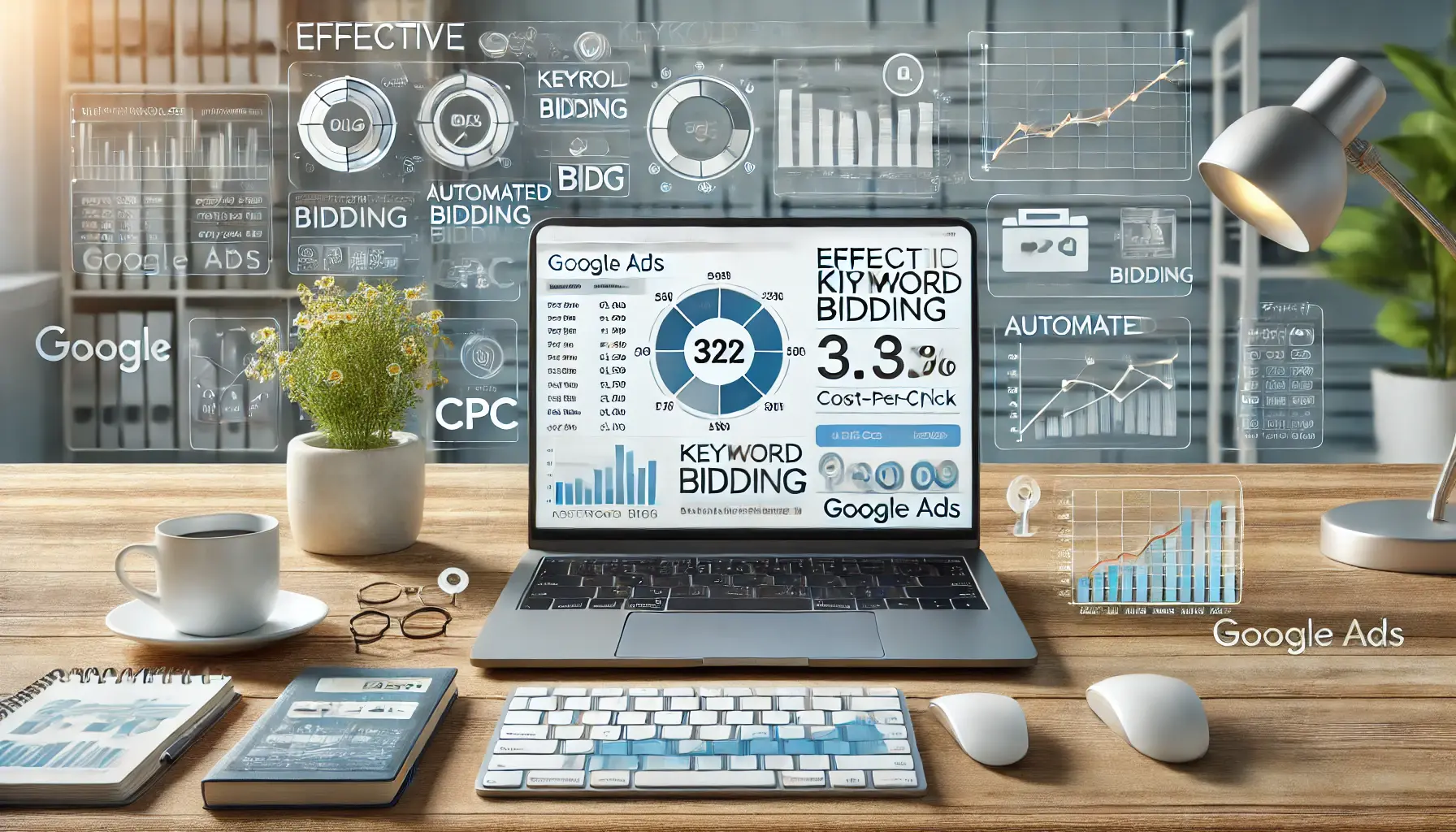 A digital marketing workspace with a laptop displaying a Google Ads dashboard showing keyword bids, CPC data, and bidding strategy elements.