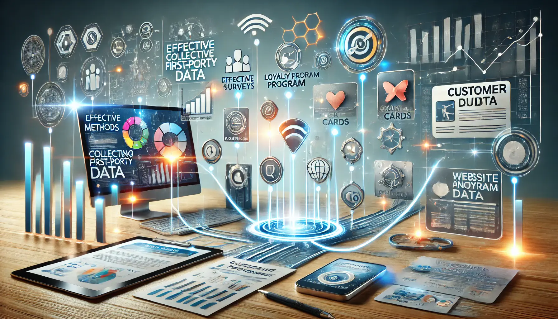 An illustration depicting methods for collecting first-party data, featuring customer surveys, loyalty programs, and website analytics tools connected by data streams.