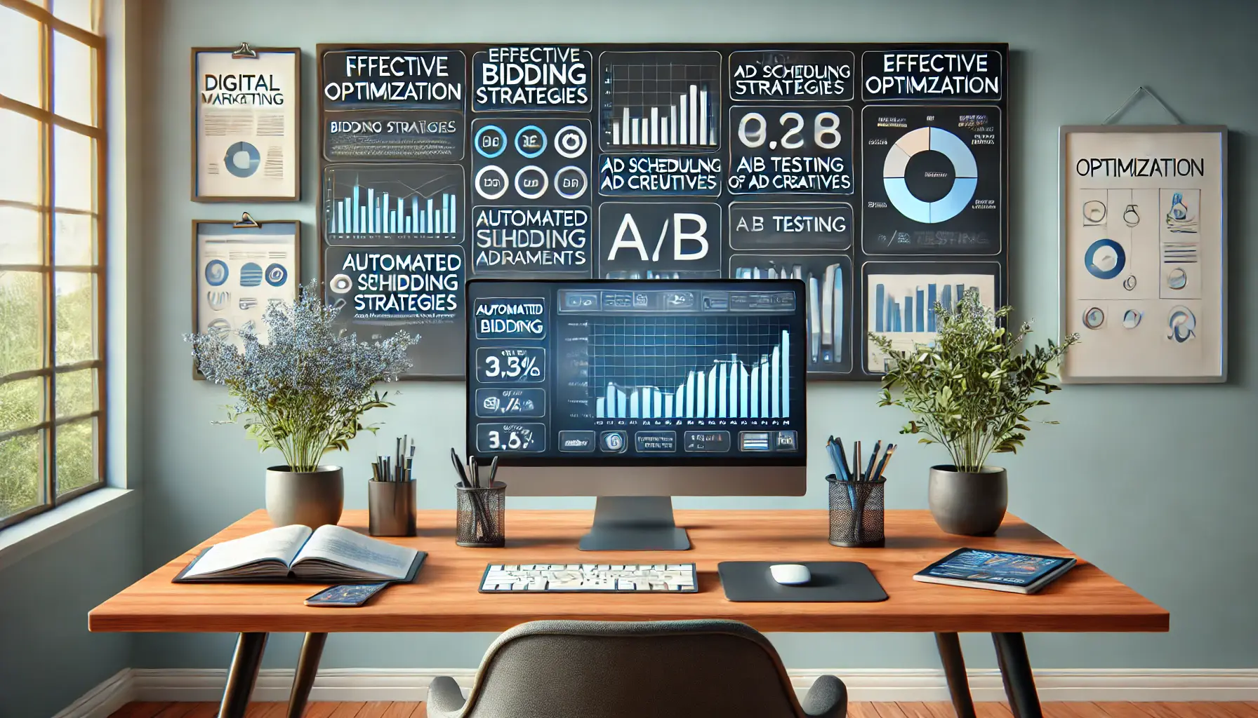 A digital marketing workspace with a computer displaying optimization tools like automated bidding strategies, ad scheduling, and A/B testing for ad creatives.