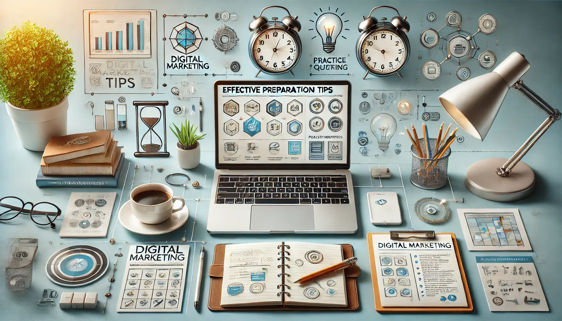 A professional workspace with a laptop displaying digital marketing tutorials, a notepad, coffee cup, headphones, and a clock symbolizing time management.