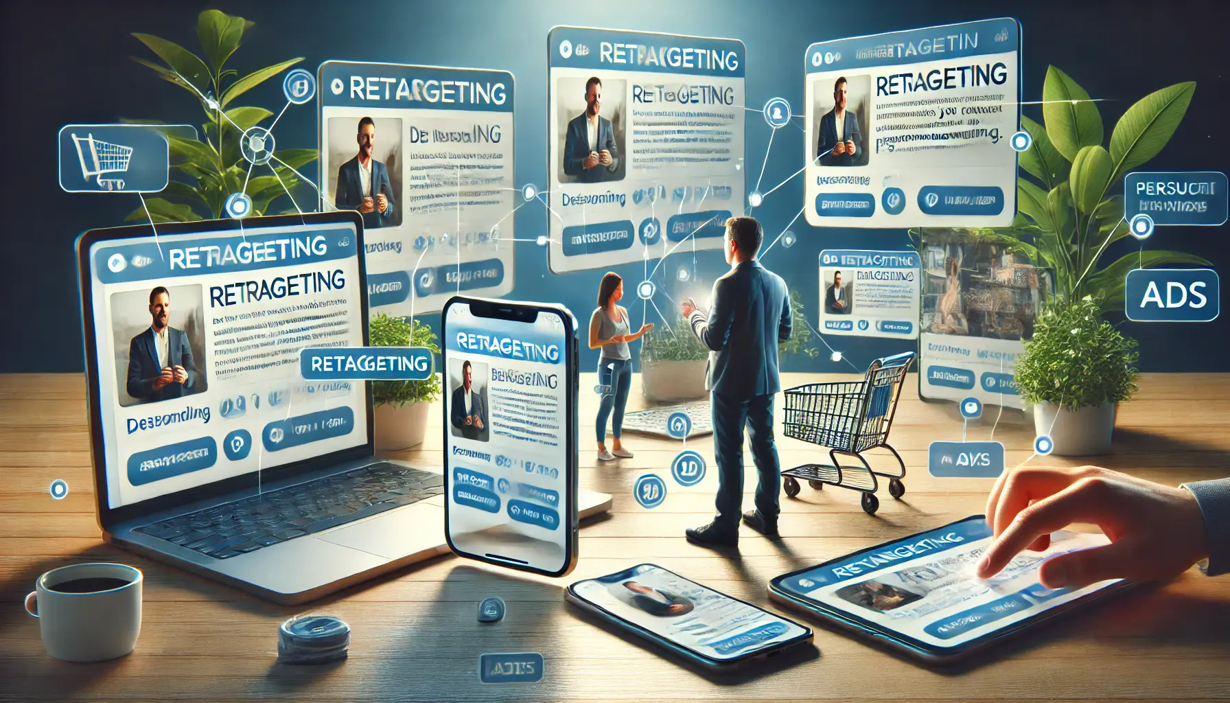 A consumer interacting with personalized retargeted ads across multiple devices, showcasing different retargeting techniques.