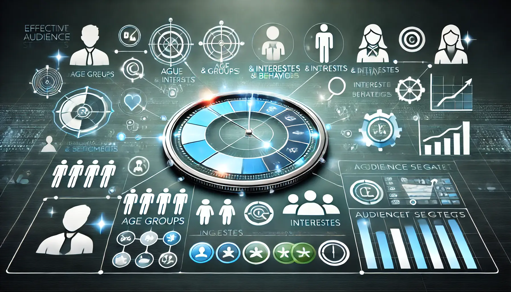 Digital dashboard with demographic and interest-based filters, representing targeted audience segmentation.