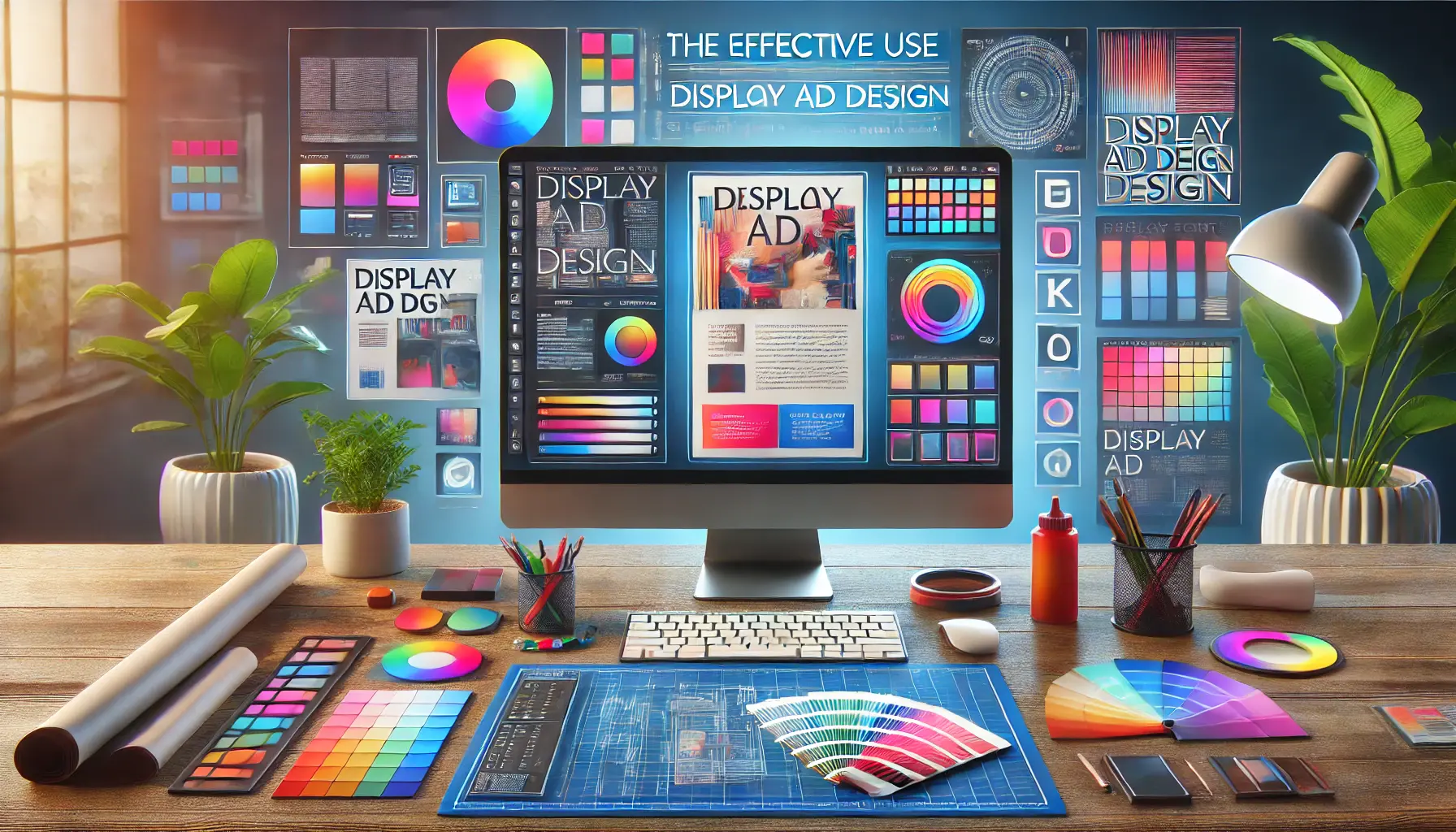 A digital workspace showing ad designs with vibrant color palettes and typography choices, illustrating the impact of colors and fonts