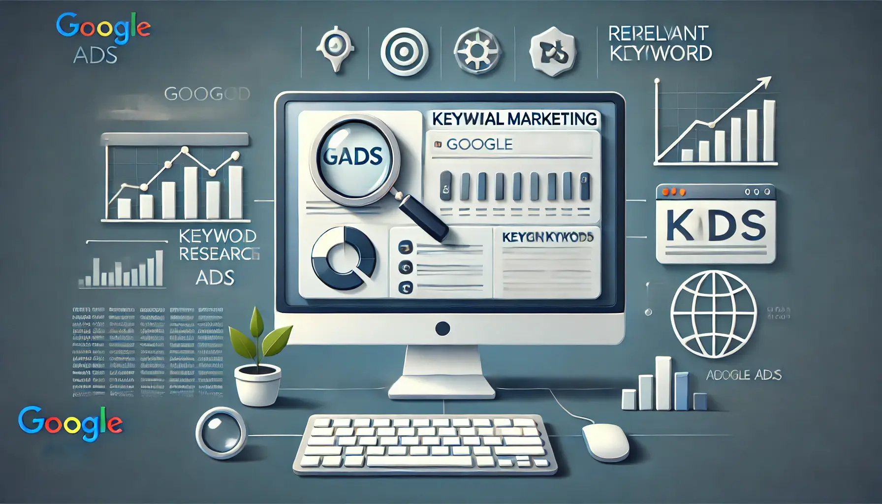 A professional illustration showing the use of keywords in Google Ads with a keyword research tool, charts, and targeting icons.