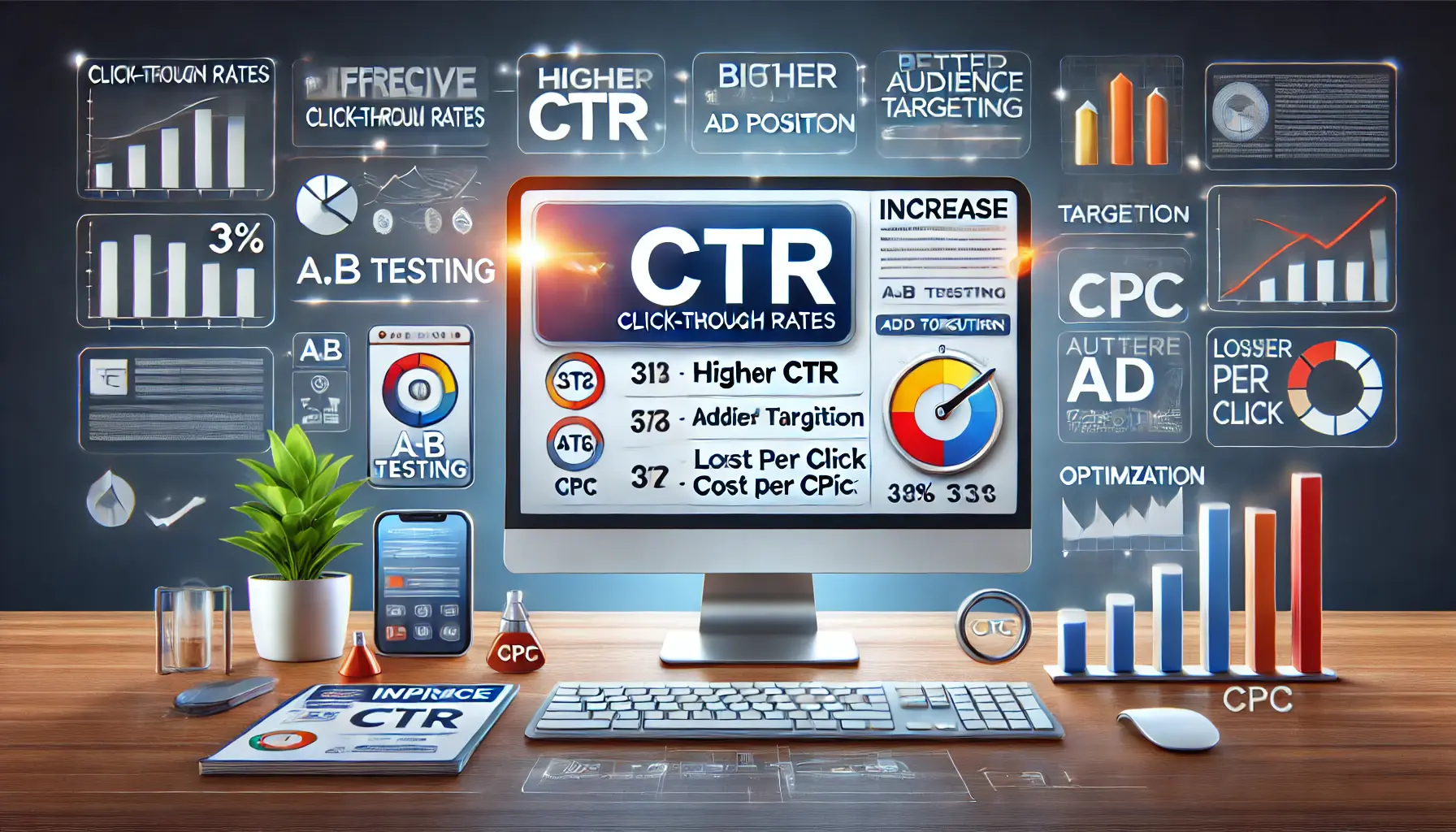 An illustration showing effective ways to increase CTR with improved ad metrics, optimization tools, and strategies like A/B testing and audience targeting.