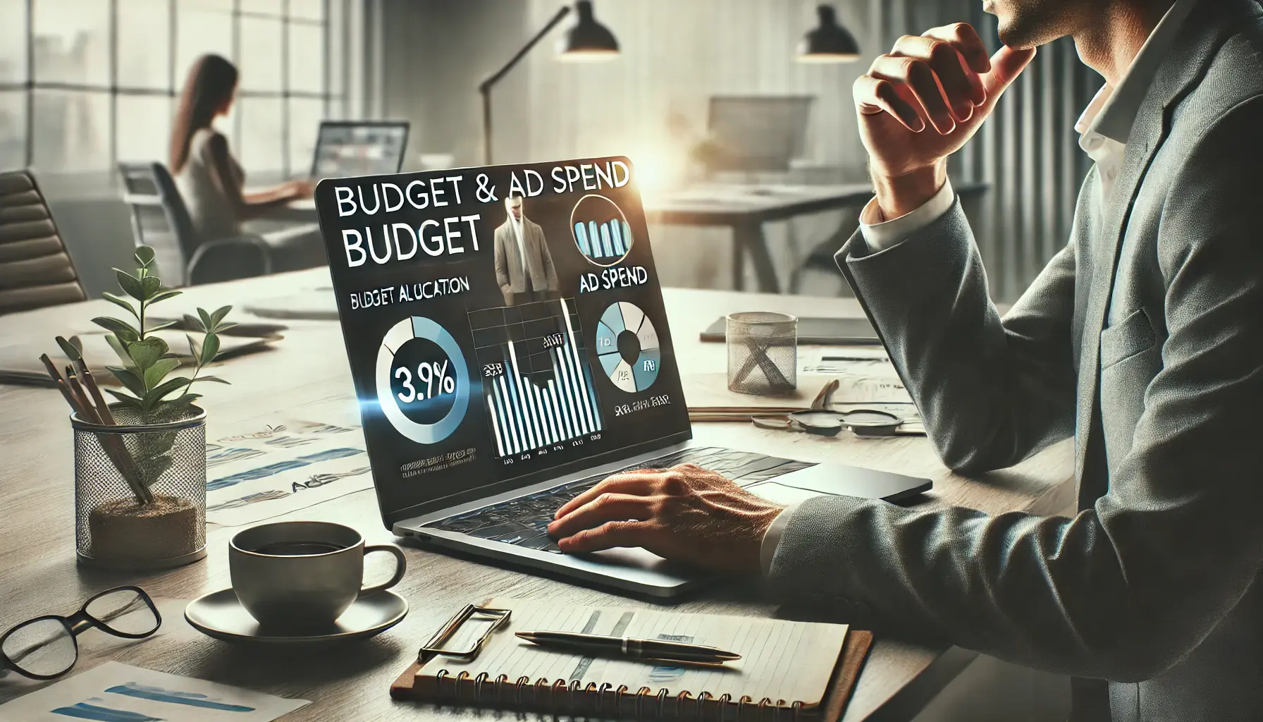 A business professional analyzing budget allocation and ad spend performance on a laptop screen displaying fluctuating budget data and performance metrics.