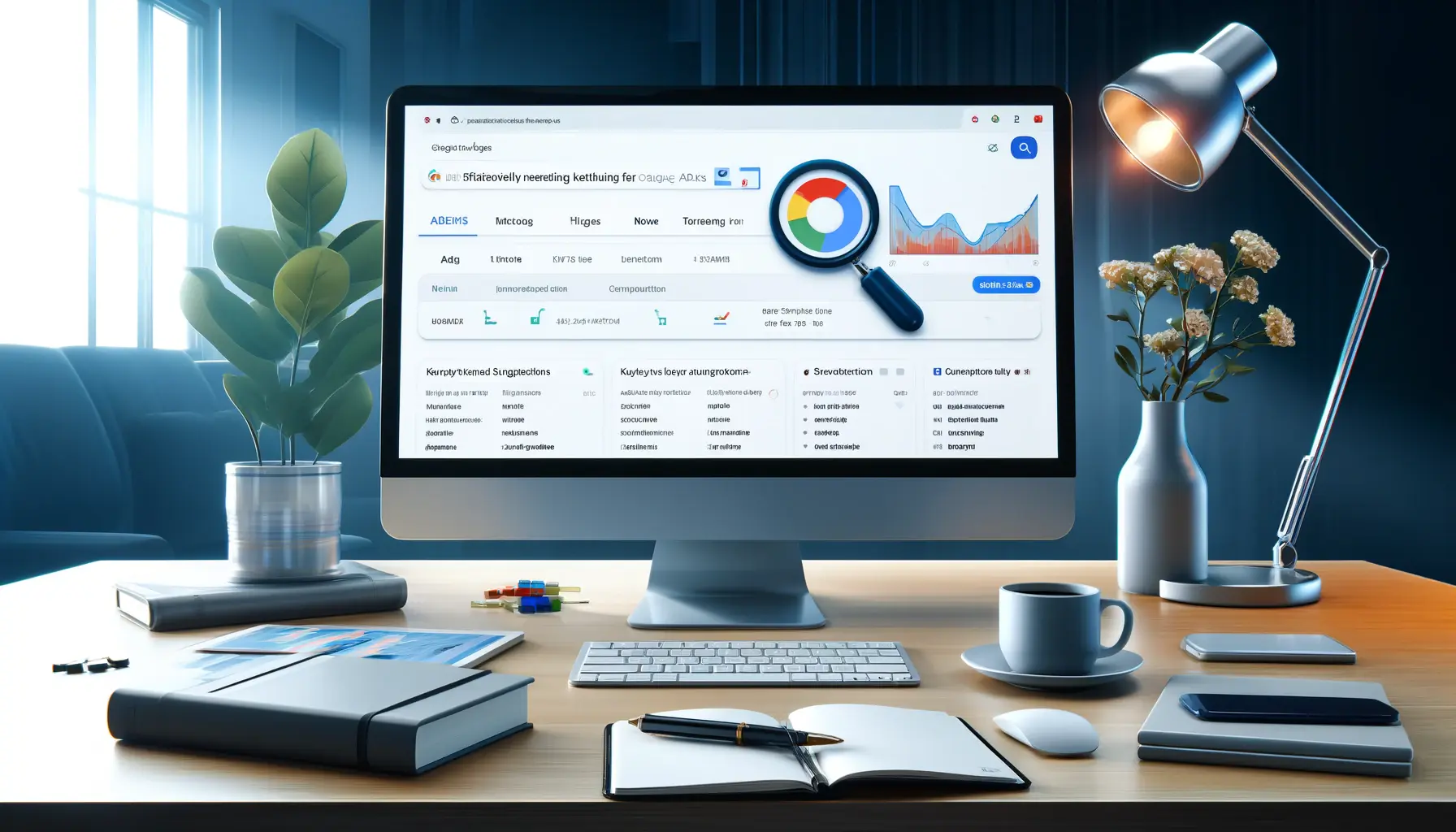 A modern workspace with a computer screen displaying the Google Ads Keyword Planner tool, showing keyword suggestions and search volume data.