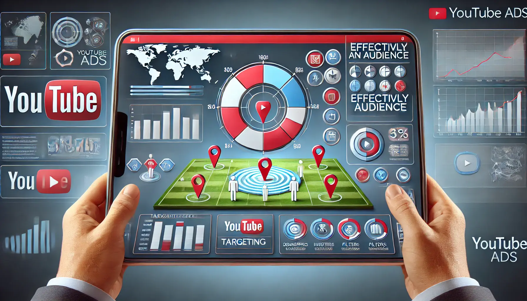 An illustration of a digital dashboard with audience targeting options, showing demographics, interests, and a map visualizing targeted areas for YouTube Ads.