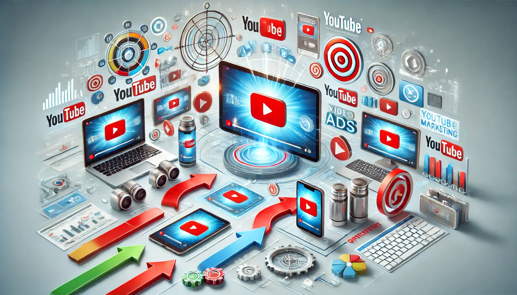 An illustration showing a YouTube ad campaign with video ads, audience targeting, and engagement strategies across devices like smartphones, tablets, and computers.