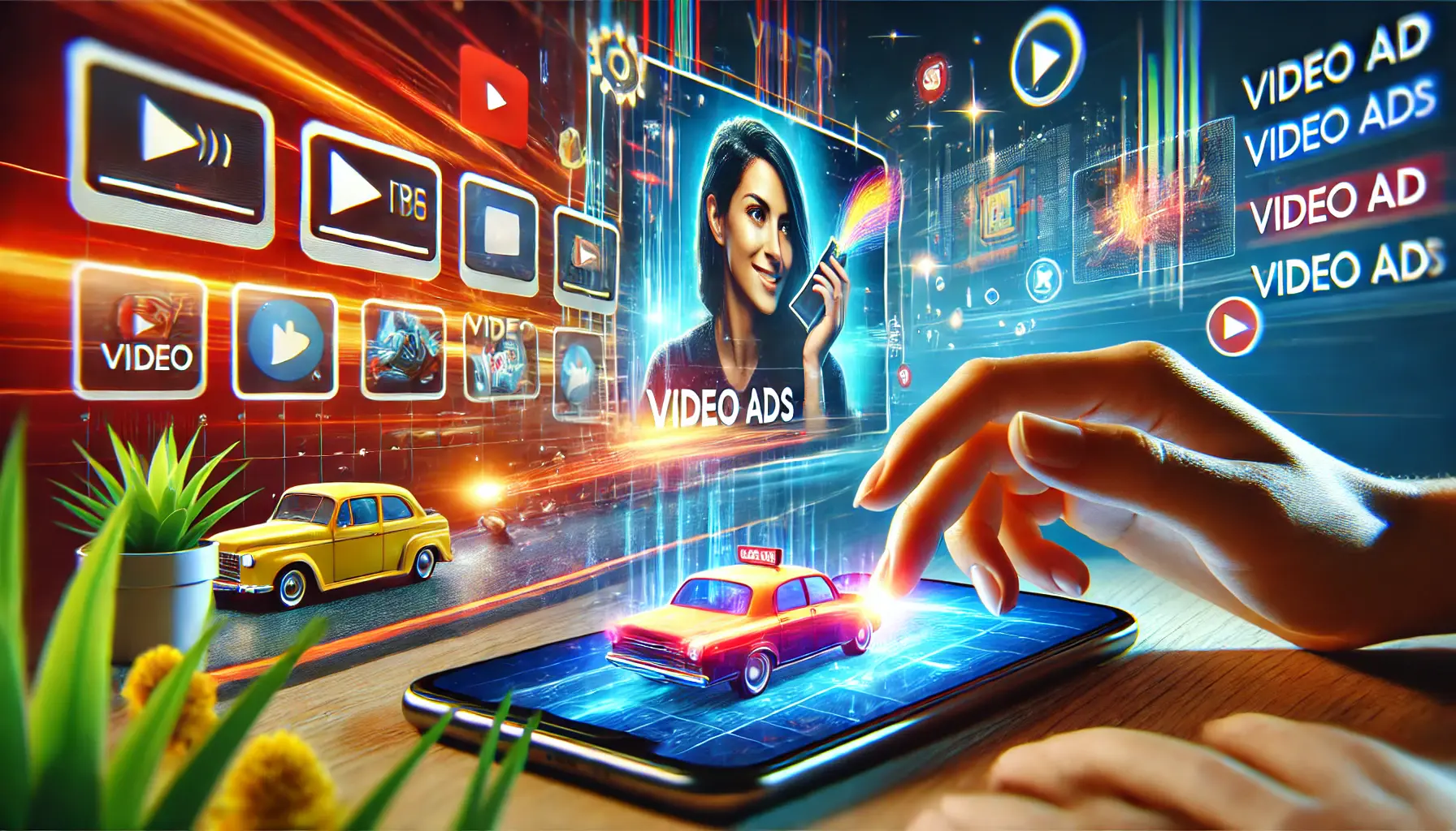 A user watching an immersive and dynamic video ad on a mobile device, with bright visuals and motion.