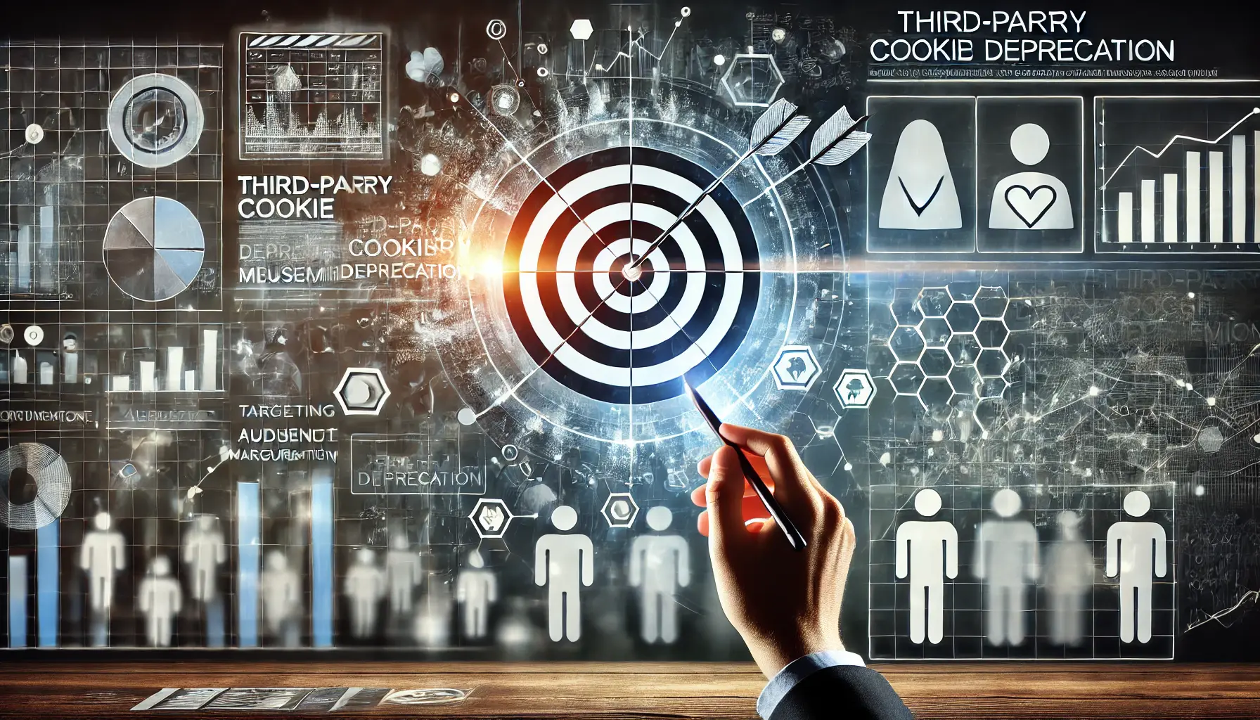 Digital artwork showing a marketer analyzing incomplete data charts with broken targeting icons and fading connections, symbolizing challenges in ad targeting and measurement.