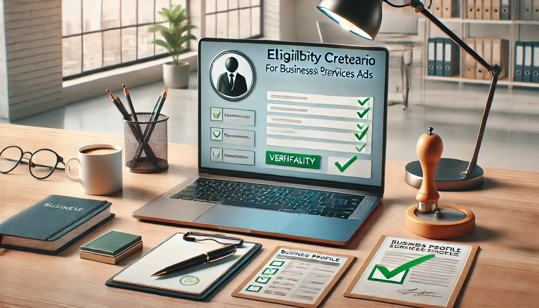 A professional workspace with a laptop displaying a business profile verification screen, surrounded by items like a checklist, notepad, and a stamp symbolizing approval.