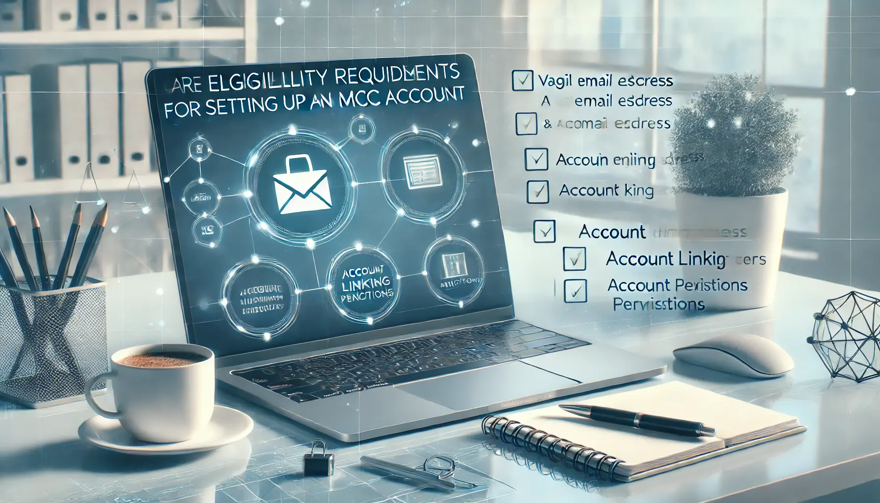 A modern workspace with a laptop displaying an MCC setup checklist alongside neatly arranged office items.