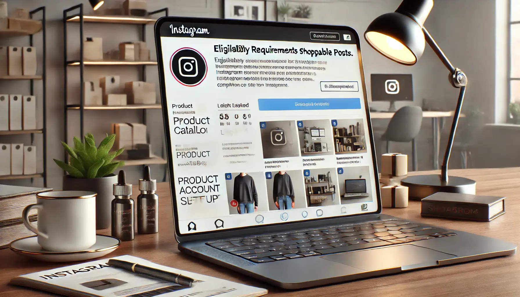 A laptop displaying an Instagram business dashboard with a product catalog setup, symbolizing the requirements for shoppable posts.