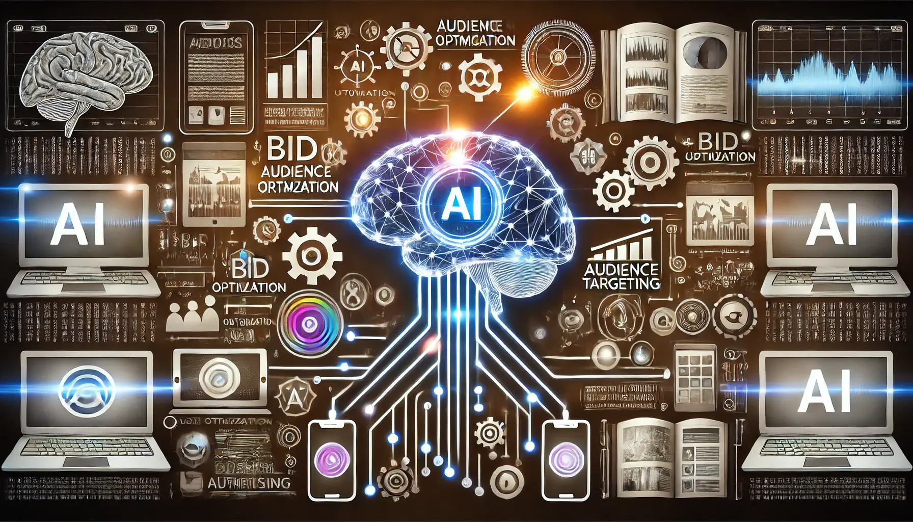 Illustration of AI-powered automation in digital advertising with AI brain symbol and connected devices.