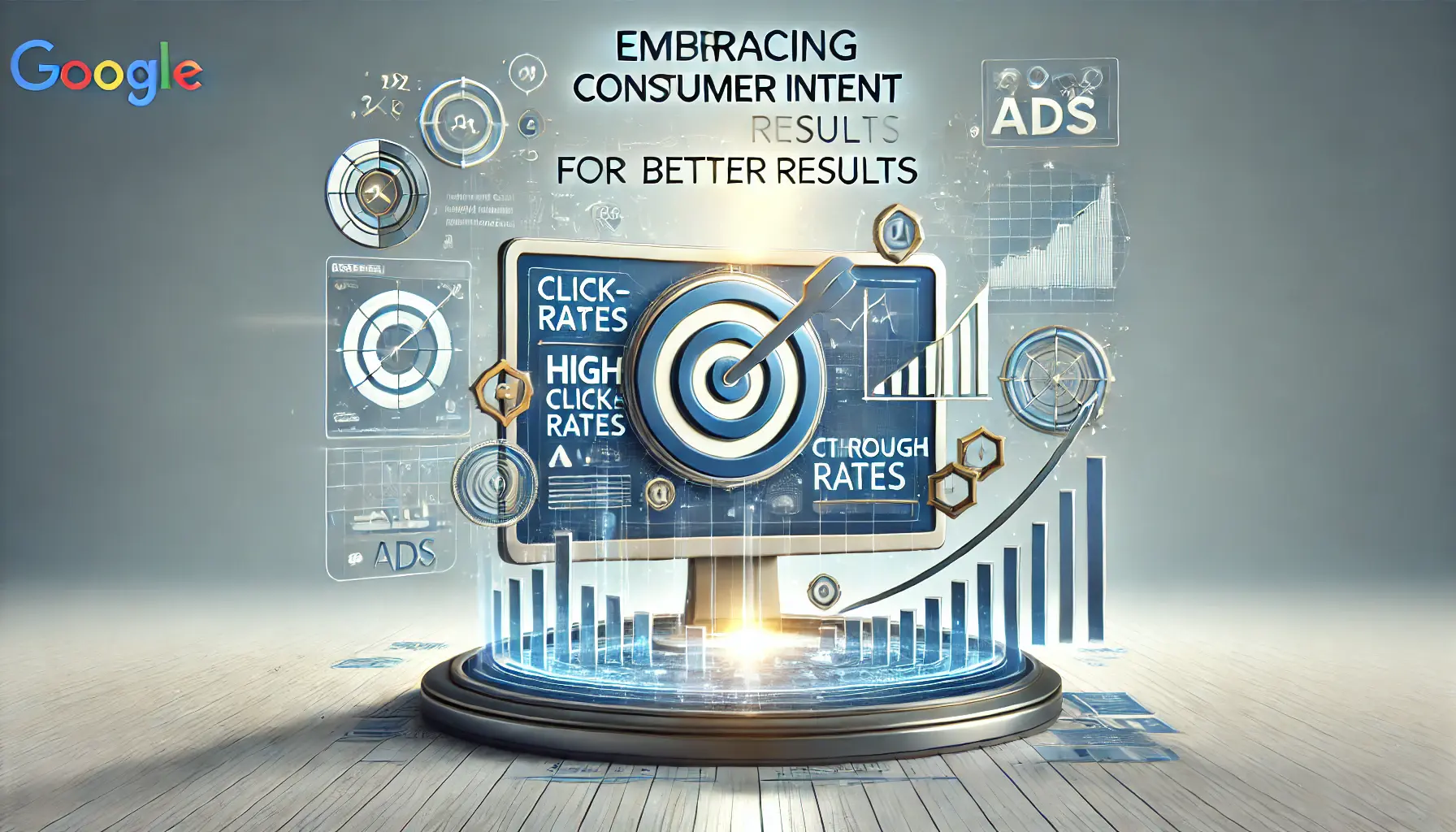 Abstract image showing a digital interface with successful ad campaigns, positive performance metrics, and visual elements like a target symbol and upward arrows.