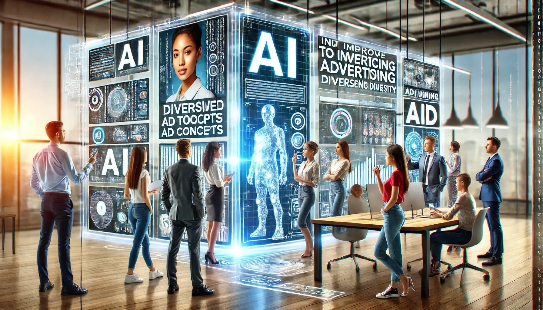 A diverse team interacting with advanced AI technology in a modern office to enhance representation in advertising.