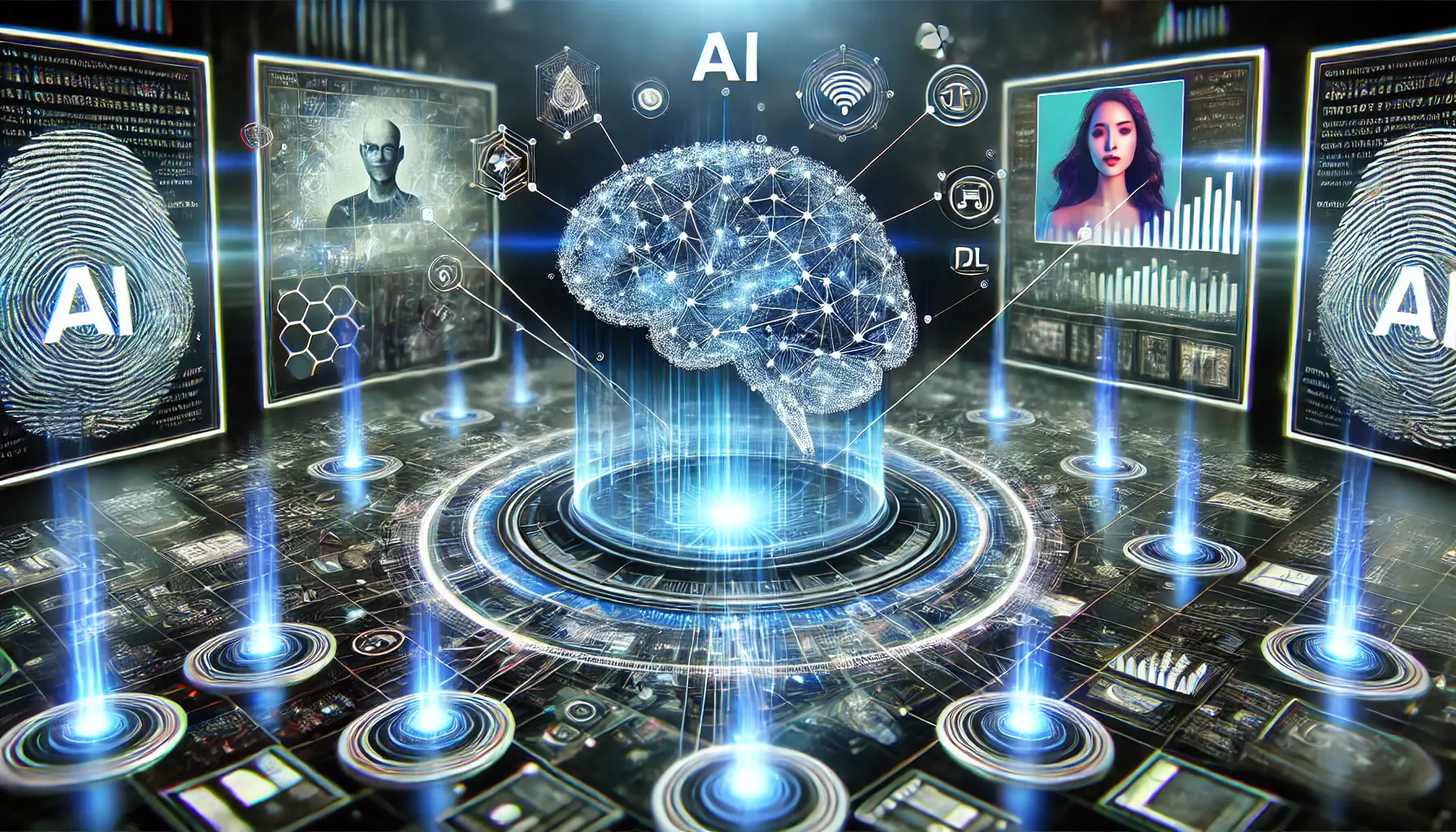 A digital scene with an AI brain, interconnected nodes, and dynamic data flows, representing artificial intelligence and machine learning in advertising.