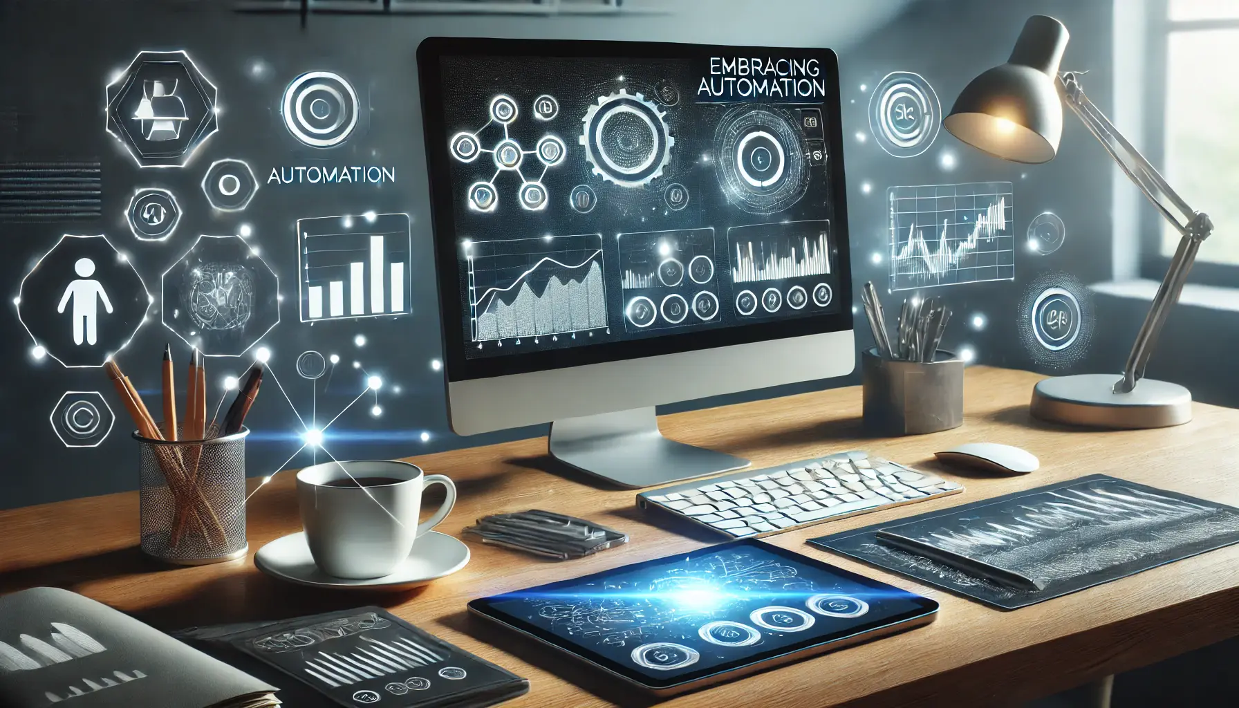 A workspace featuring a desktop screen with an automation dashboard displaying analytics graphs, a tablet showing real-time reports, and a coffee cup, symbolizing the use of automation and reporting tools.