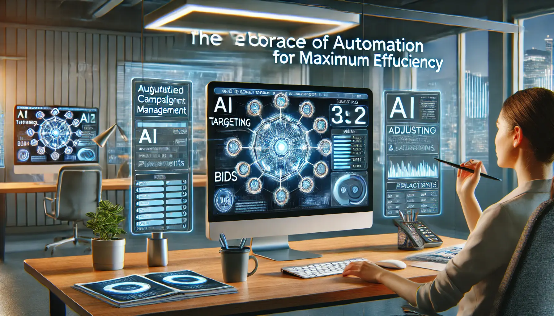 A digital marketing workspace showing automated campaign management tools with AI adjusting targeting, bids, and placements.