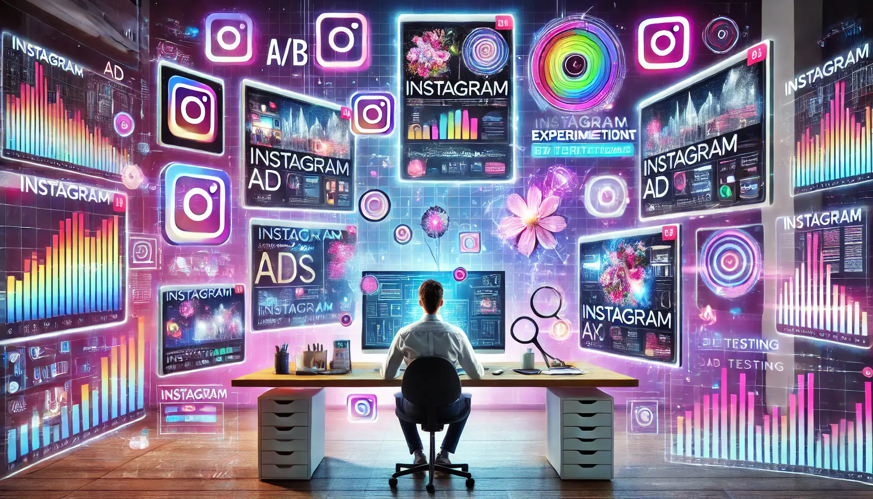 A creative professional working with multiple monitors displaying different Instagram ad variations and A/B testing results, with floating data visualizations representing experiments and metrics.