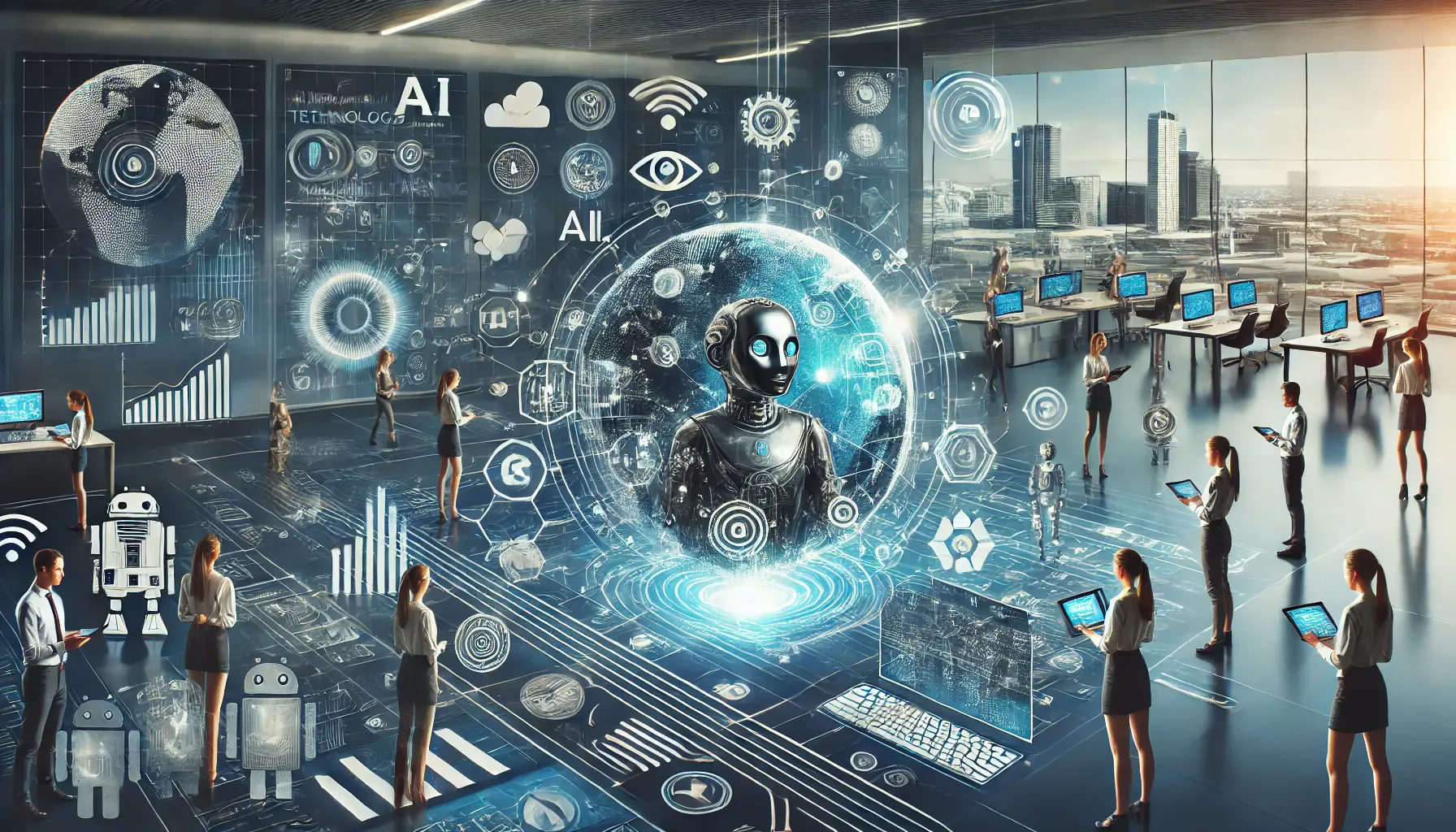 A digital concept showing futuristic technologies like AI, ML, and AR integrated into everyday devices, symbolizing emerging trends in digital marketing.