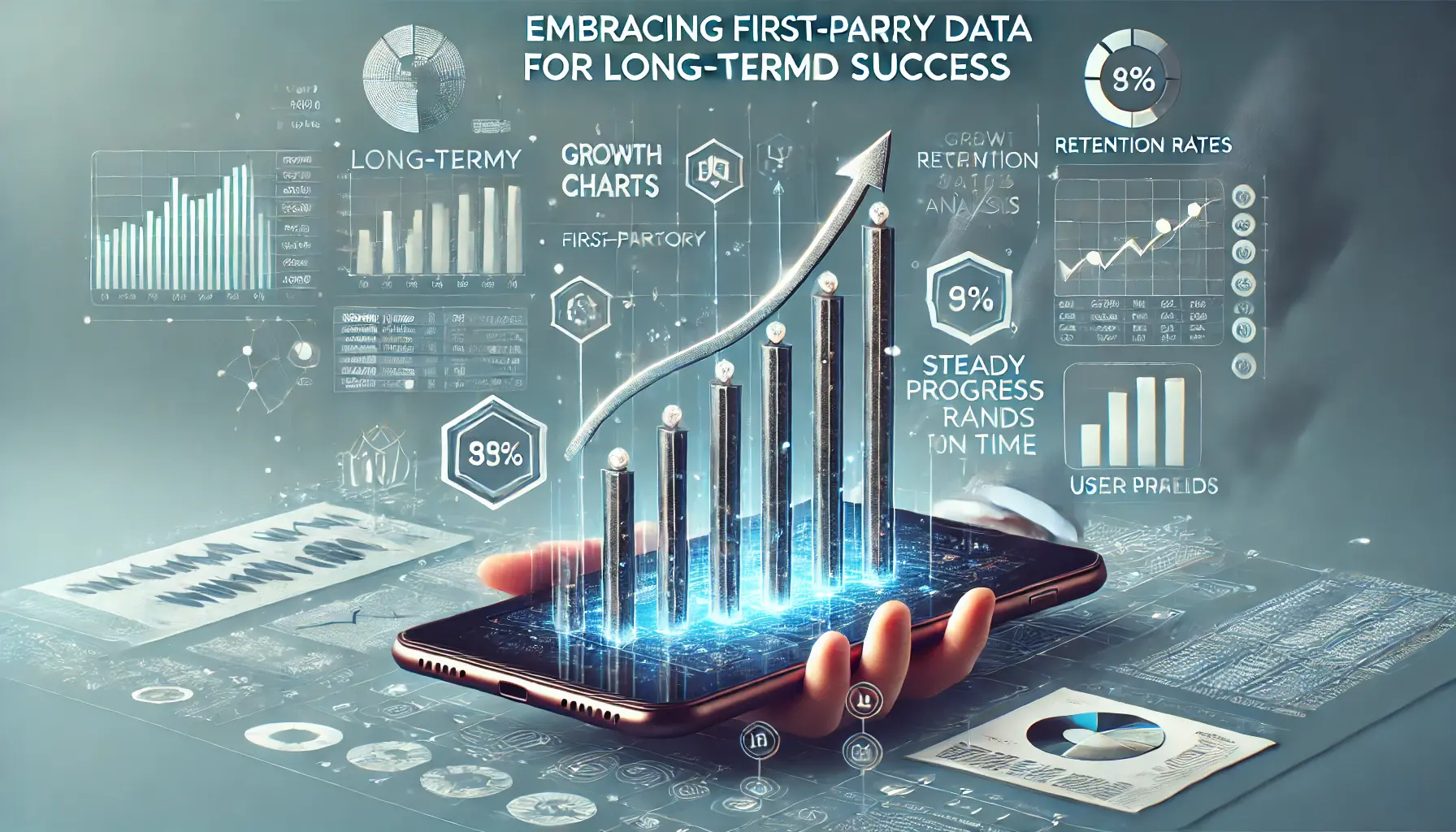 An image showing a smartphone with long-term data analysis, including growth charts, retention rates, and user engagement trends over time.