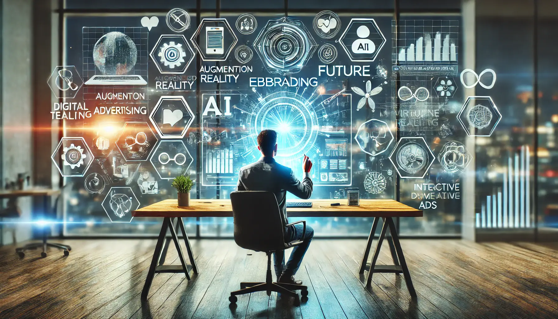 Illustration of a person at a desk using a holographic display with AR and VR features, surrounded by icons of AI, machine learning, and interactive ads.