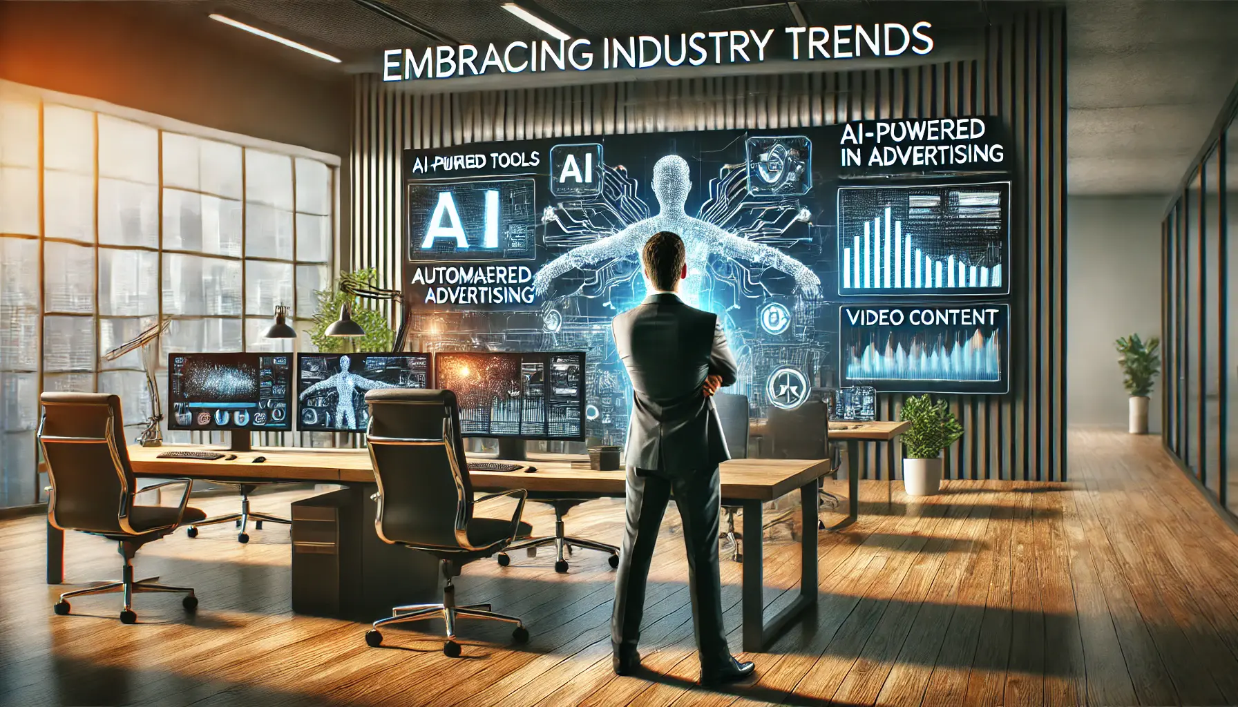 A professional analyzing industry trends and innovations on multiple screens in a modern office, with visuals of AI tools, automation, and video content strategies.