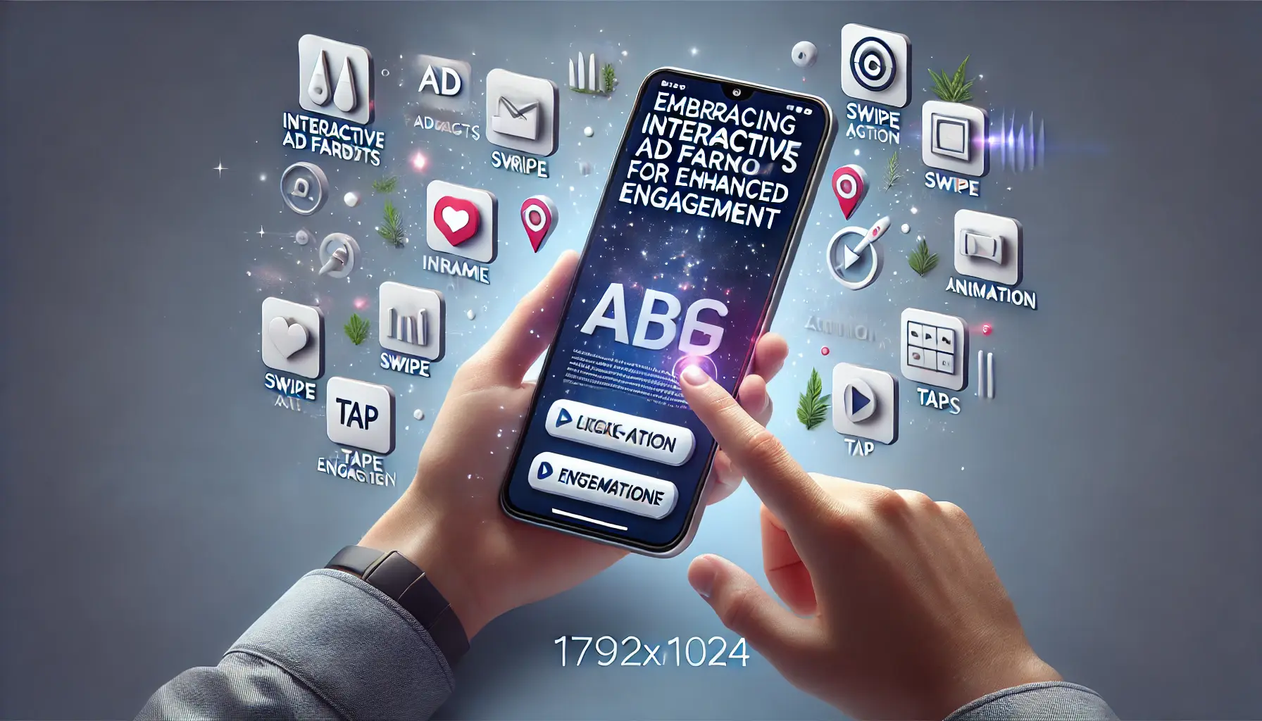 Illustration of interactive ad formats with a smartphone displaying a dynamic ad with swipe and tap options.