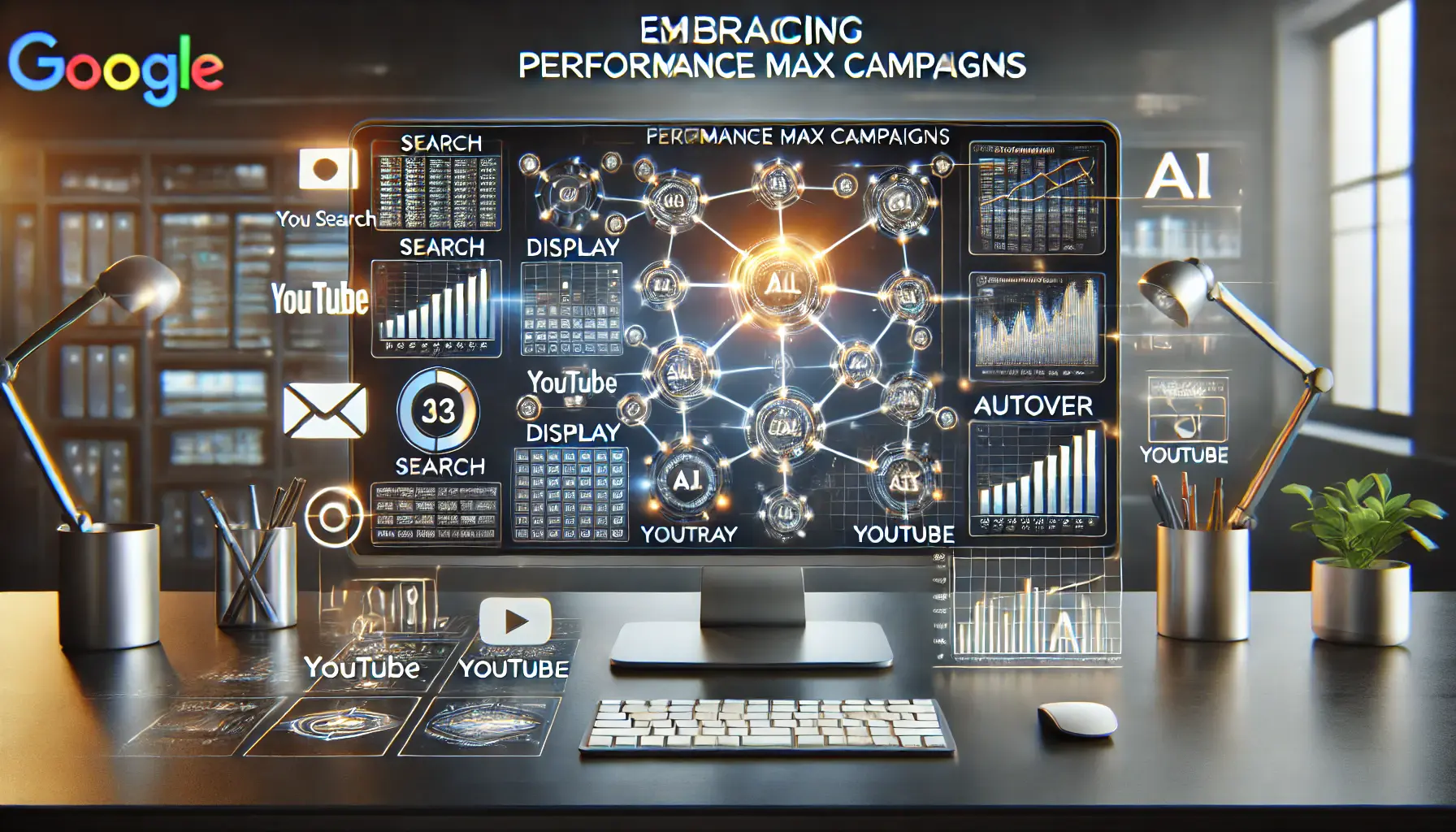 Illustration of a digital workspace with a campaign dashboard showing optimization across Google platforms like Search, Display, YouTube, and Discover.