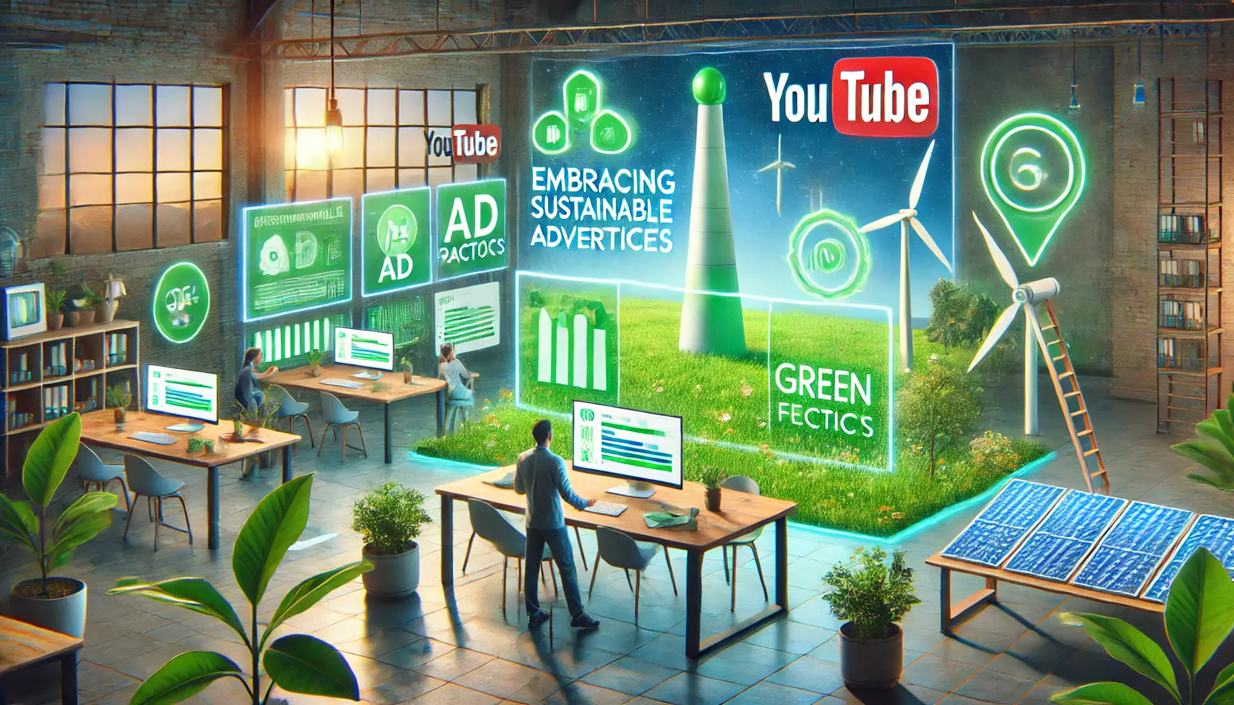 A digital workspace where a person is reviewing eco-friendly YouTube ad campaigns on a screen, surrounded by symbols of sustainability like plants, wind turbines, and solar panels.