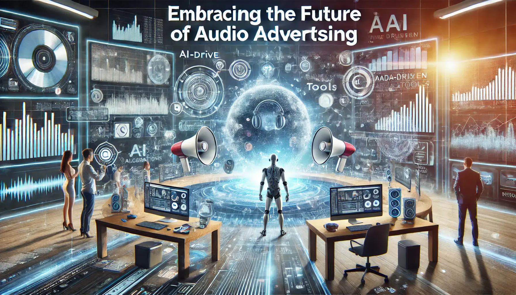 A digital illustration of a futuristic digital workspace with a team working on advanced audio ad creation tools, featuring smart devices, AI-driven algorithms, and data visualizations.