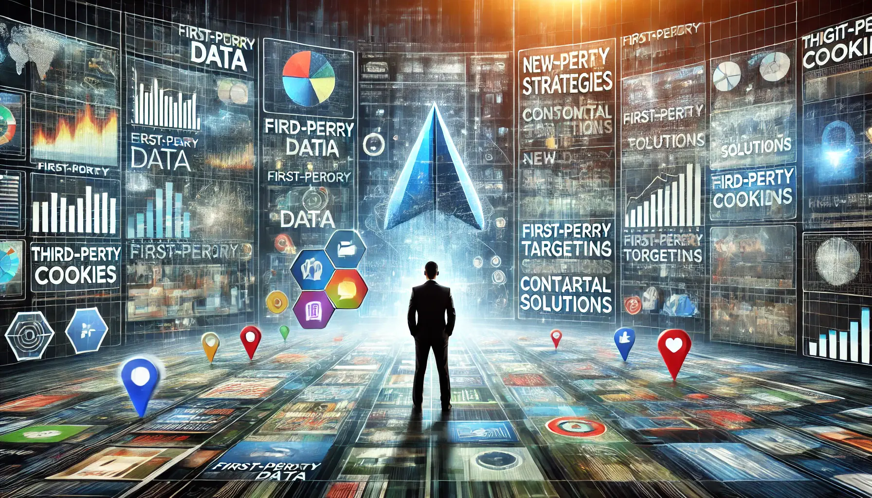 Digital artwork showing a digital marketer standing in front of screens displaying advertising strategies such as first-party data and privacy-focused solutions.