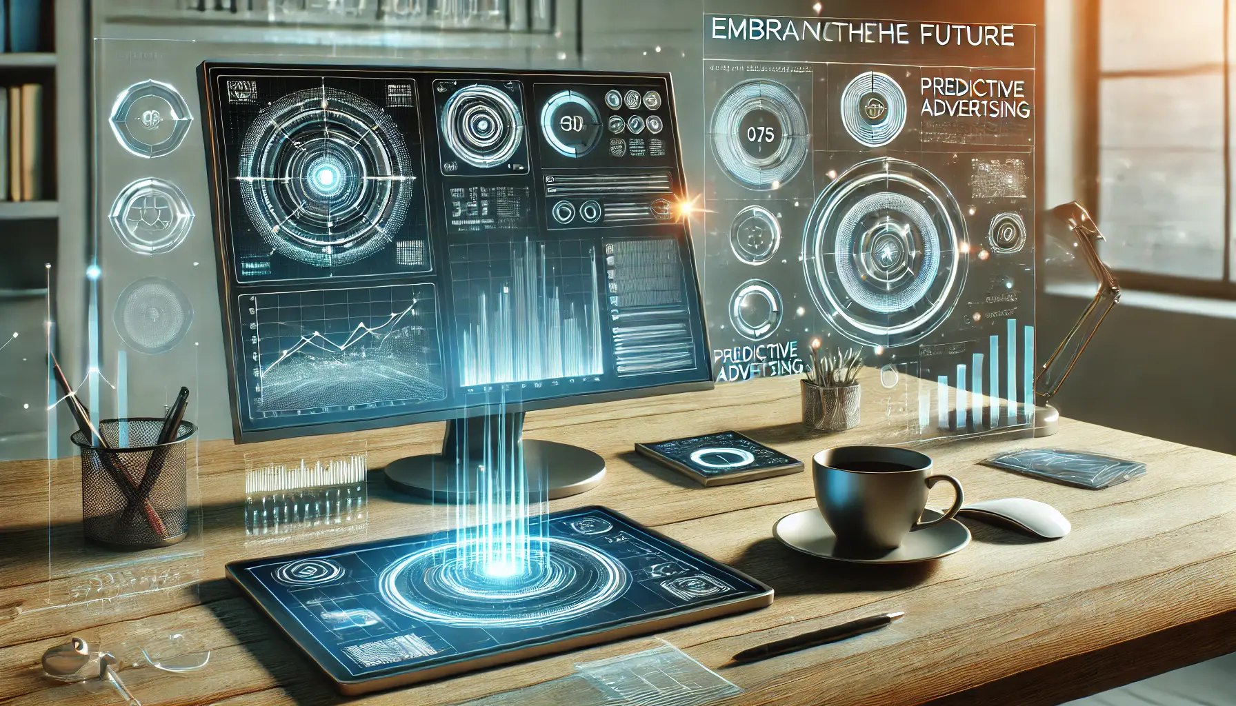 A futuristic workspace featuring a high-tech desktop screen with advanced analytics and predictive advertising tools, a sleek tablet showing futuristic ad metrics, and glowing holographic charts in the background.