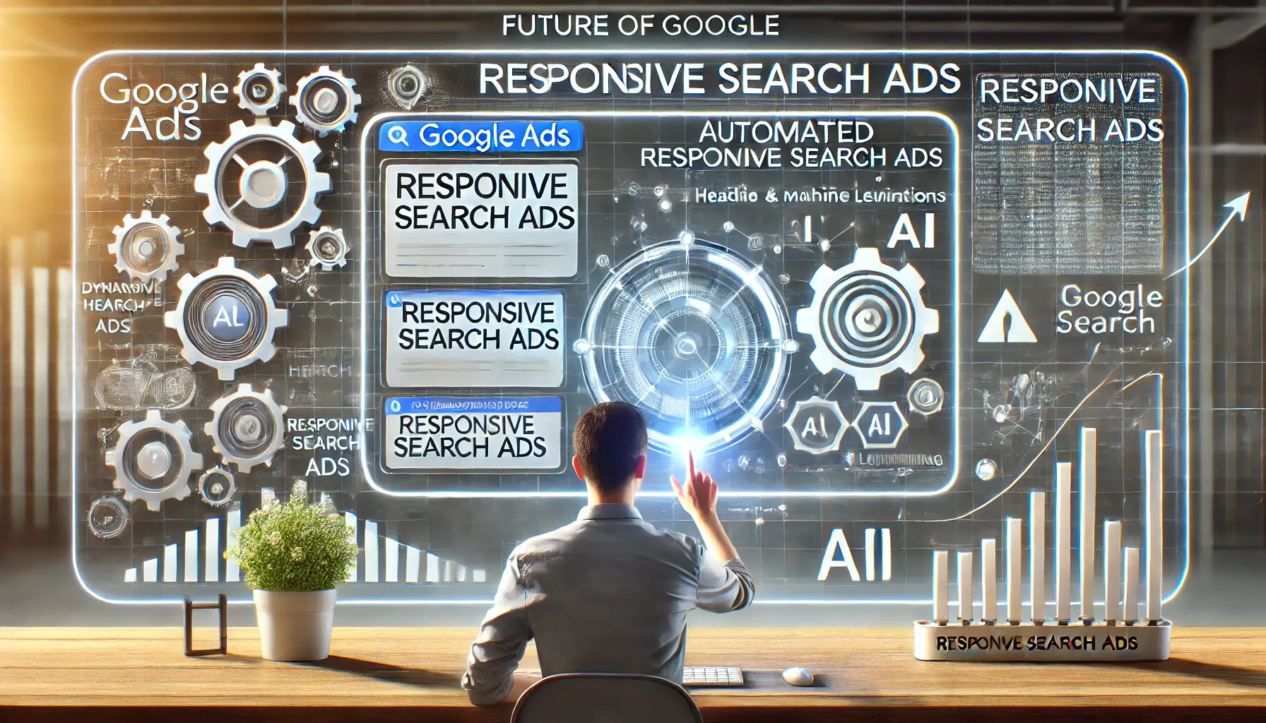 A digital marketer interacting with a modern dashboard displaying automated Responsive Search Ads, with symbols of innovation and progress.