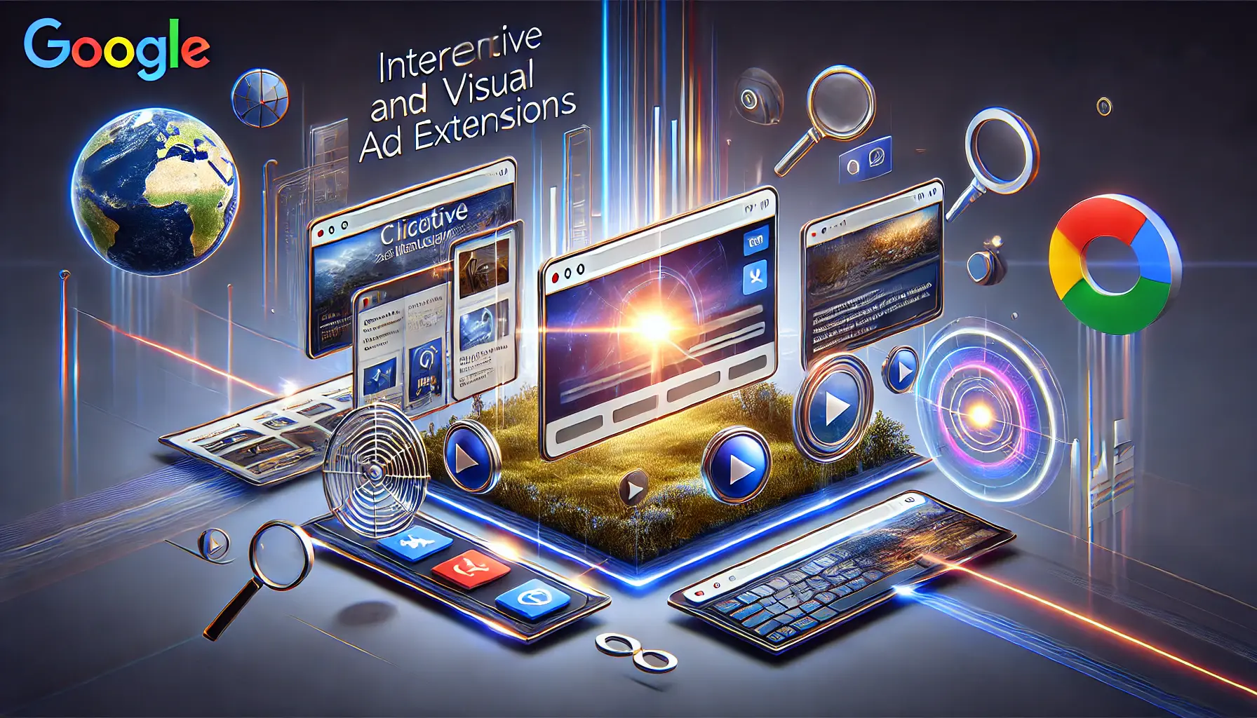 An image showcasing interactive and visual ad extensions in Google Ads, with elements like image carousels, dynamic content, and engaging visuals.