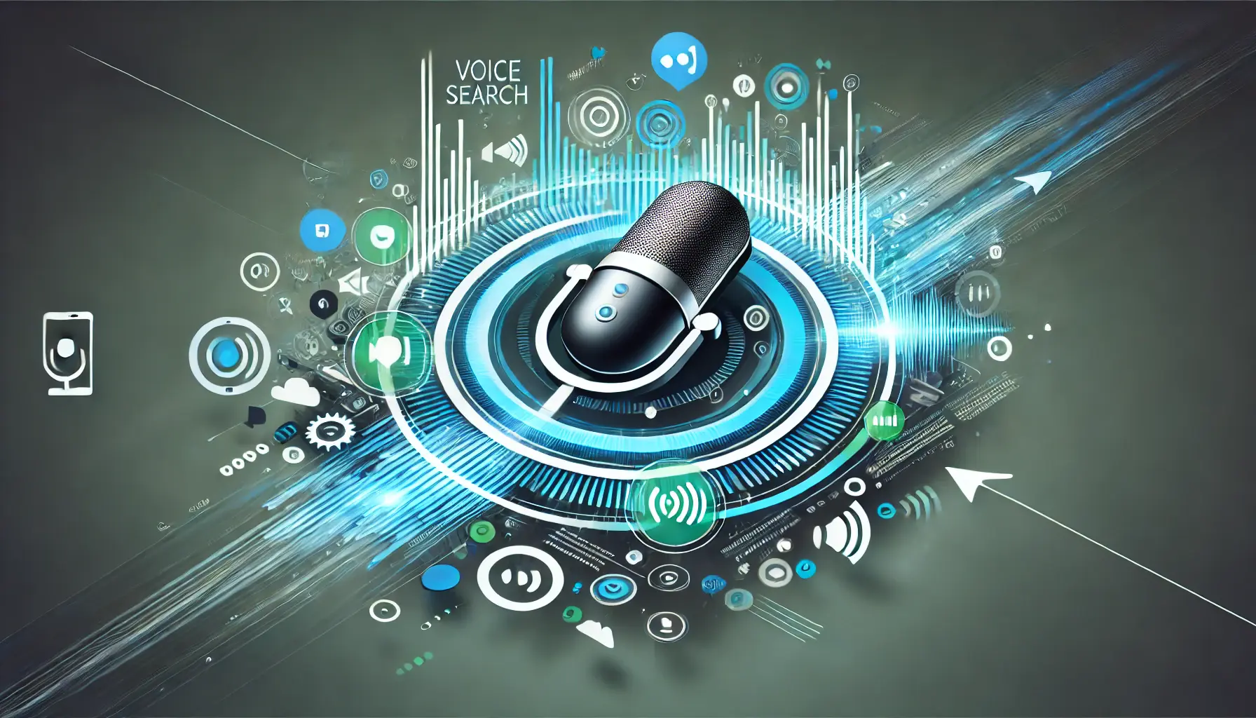 Abstract image representing the emergence of voice search with a microphone, sound waves, speech bubbles, and digital devices.