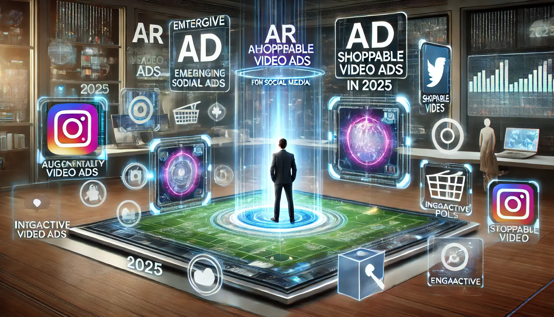 Illustration of a digital workspace with a person interacting with holographic displays showcasing emerging ad formats like AR ads, shoppable video ads, and interactive polls.