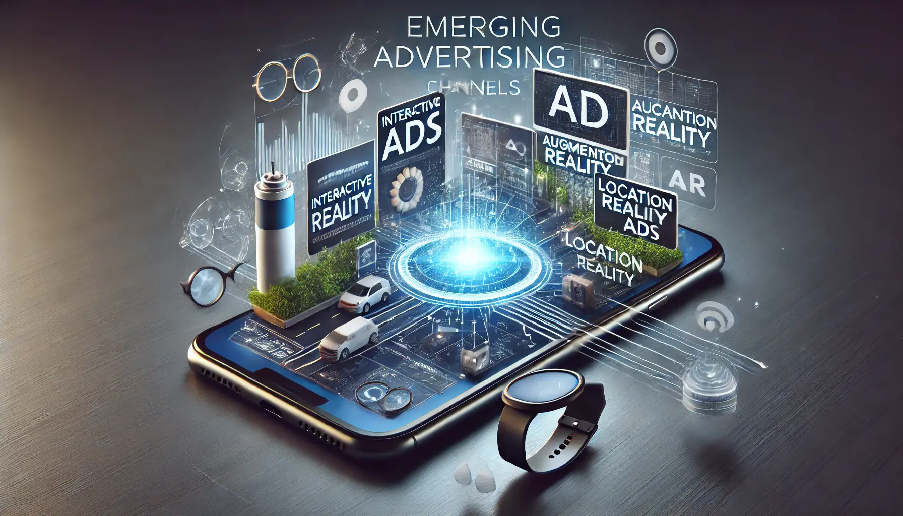 A professional representation of emerging advertising channels, featuring interactive, augmented reality, and location-based ads across mobile devices and wearables.