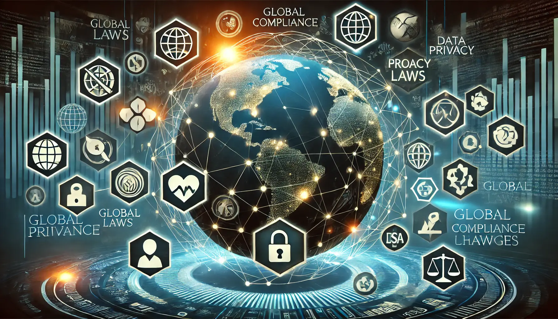 A digital globe with glowing data streams, surrounded by privacy shields, compliance checkmarks, and legal scales, symbolizing global privacy laws and compliance challenges.