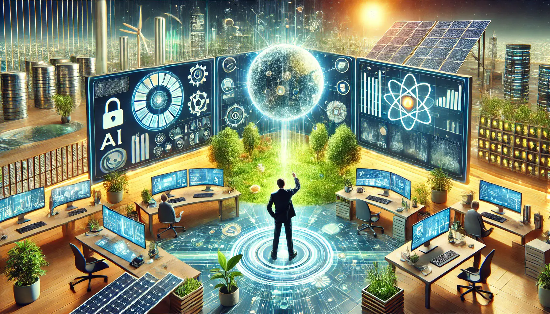 Illustration of a digital marketer interacting with advanced technologies like AI algorithms, machine learning, and blockchain, surrounded by eco-friendly elements like solar panels and plants.