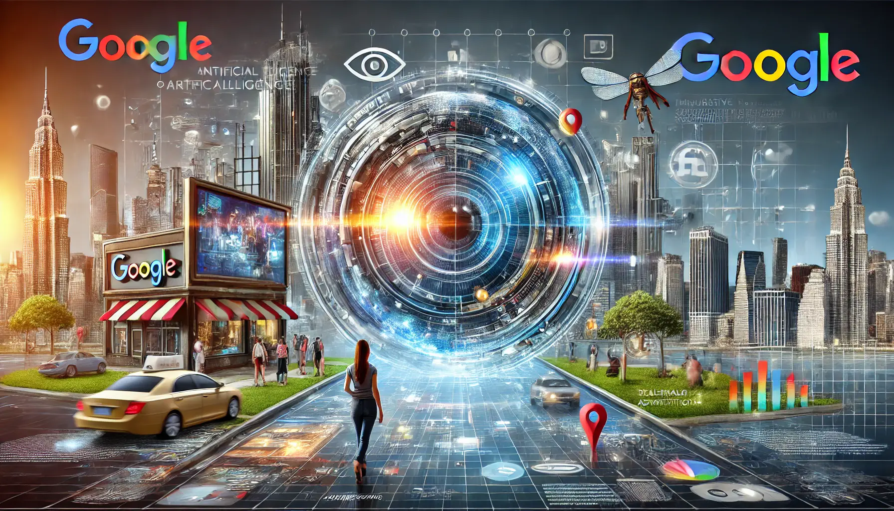 A professional representation of emerging technologies like AI, augmented reality, and virtual reality, shaping advertising strategies on Google.