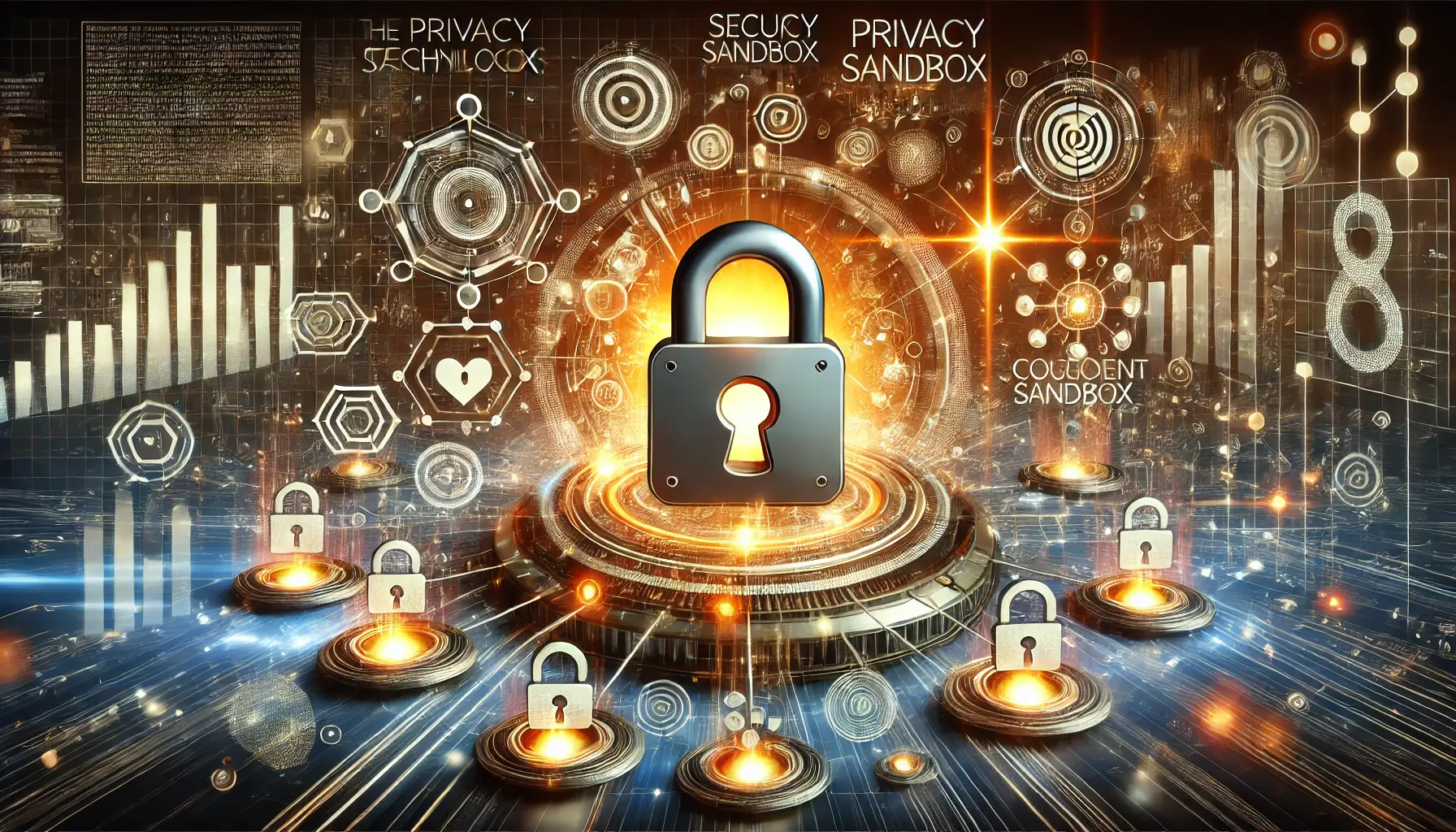 Digital artwork showing interconnected technological elements like secure data flows, a digital lock, and representations of privacy tools with a glowing Privacy Sandbox icon at the center.