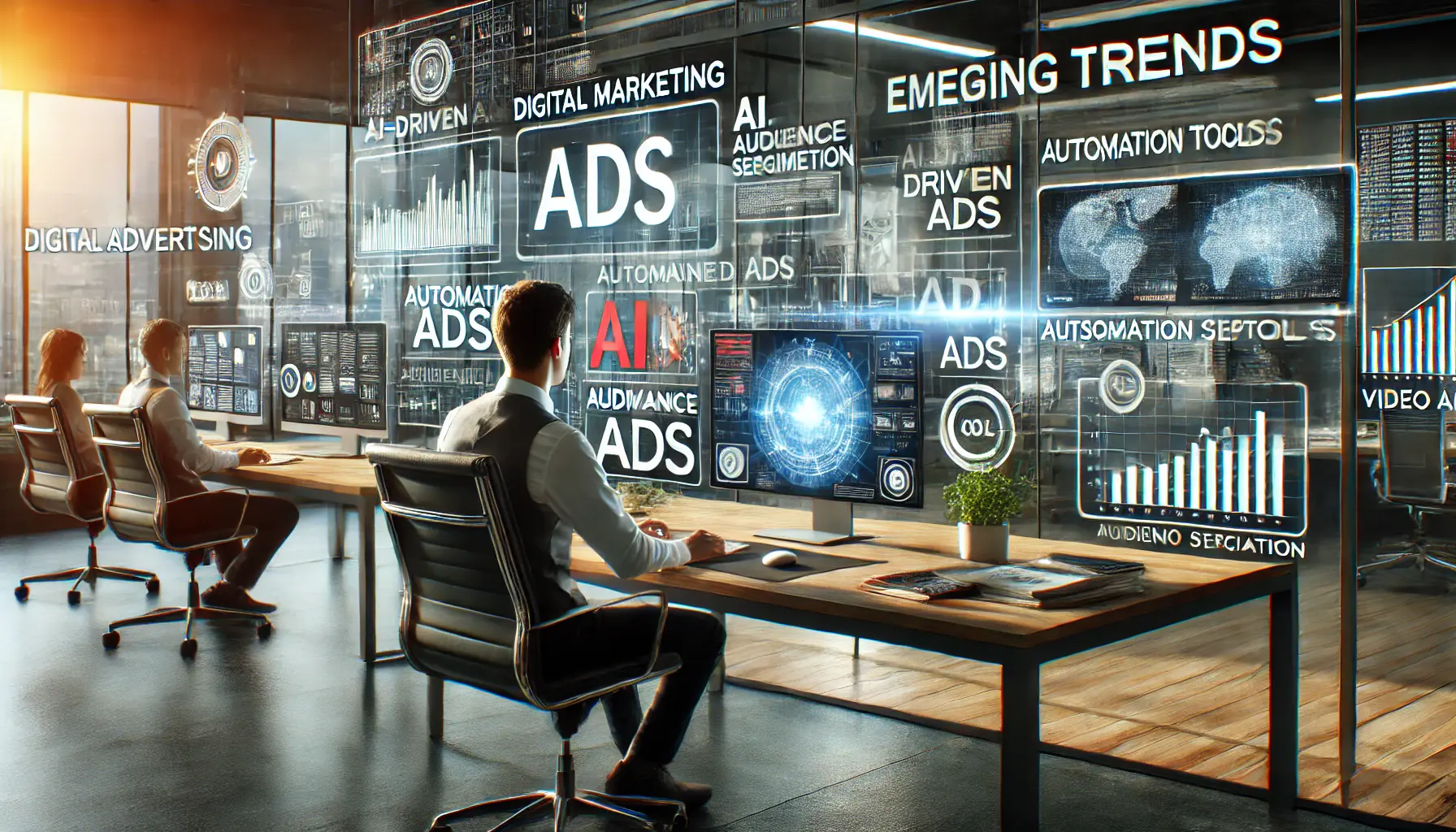 A professional in a modern office analyzing emerging digital marketing trends on multiple screens displaying AI-driven ads, automation tools, and personalized strategies.