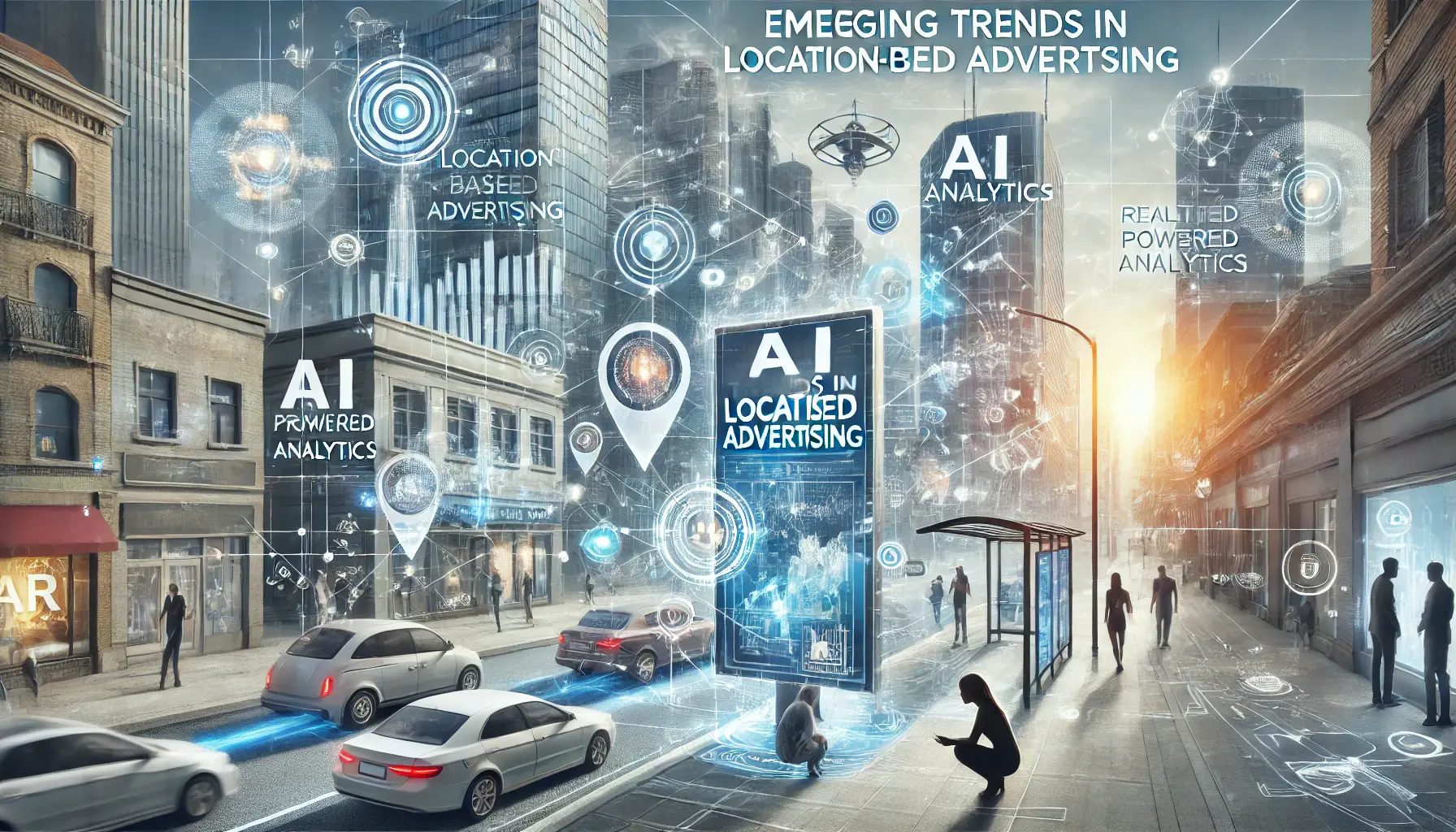 A futuristic cityscape with augmented reality (AR) ads, AI-powered analytics, and connected devices, representing emerging trends in location-based advertising.